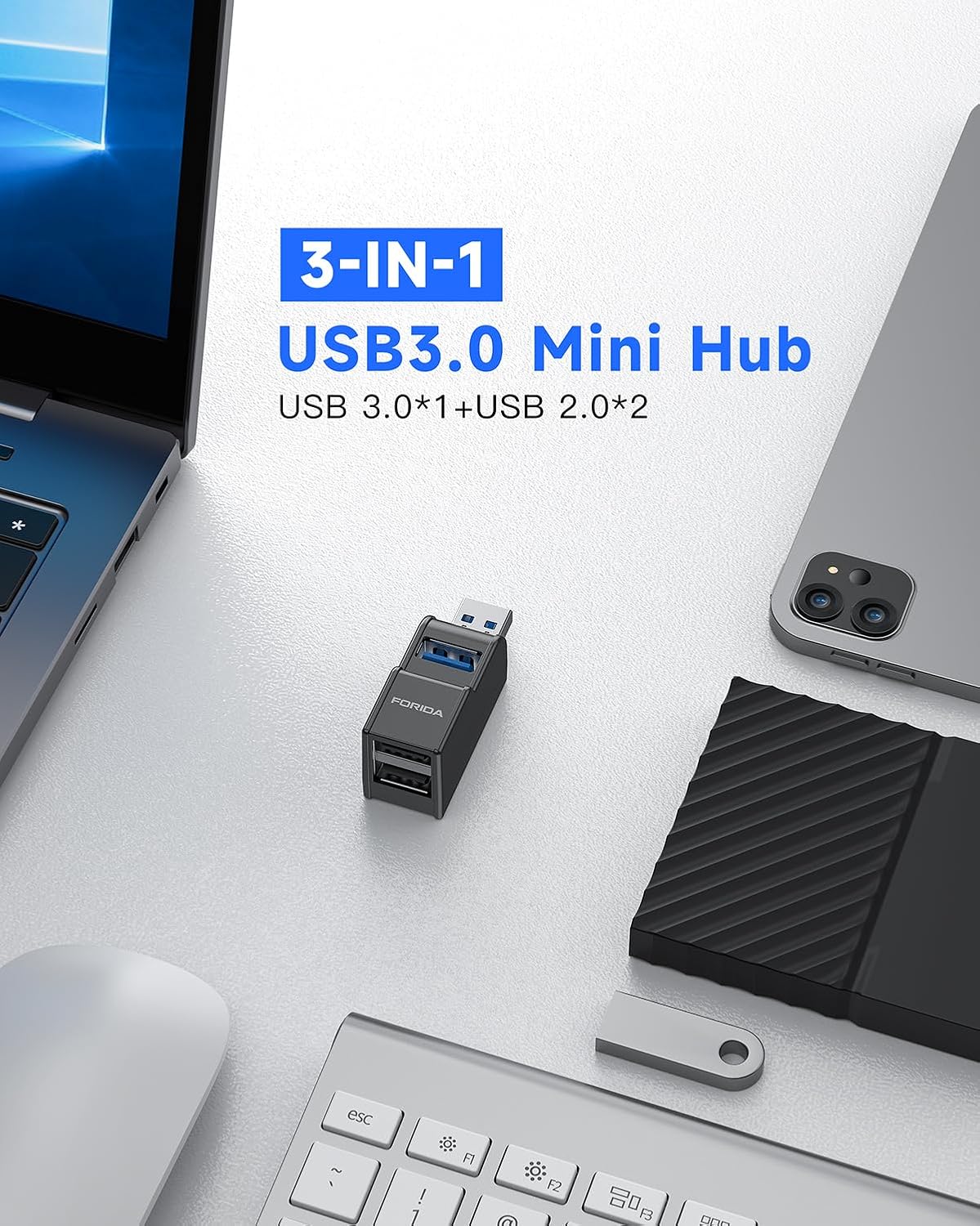 FORIDA 3 Ports USB Adapter, USB Hub with USB 3.0 and Double USB Adapter, Portable USB Splitter 1 in 3 Out for Keyborad, Mobile Hard Disk, U Disk, Camera, Mouse etc (Black)