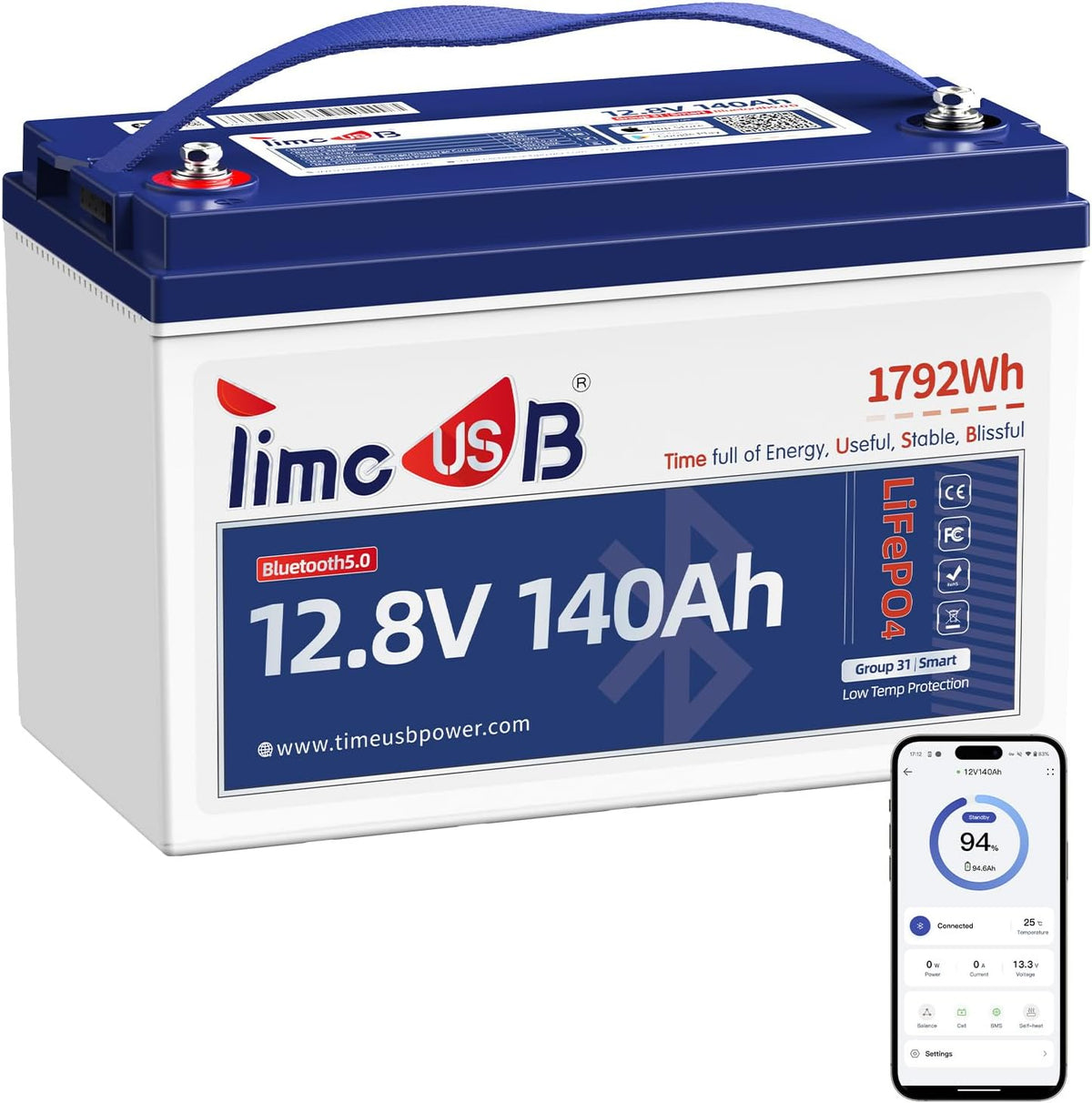 12.8V 140Ah Lithium Battery with Bluetooth, Timeusb LiFePO4 Battery with Low-Temp Protection, 150A BMS, BCI Group31, Prefect for RV, Trolling Motor, Marine, Energy Storage, Solar Off-Grid