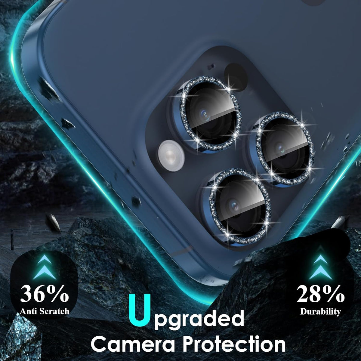 YWXTW Designed for iPhone 15 Pro/iPhone 15 Pro Max Camera Lens Protector Bling, [New Glitter Design] Individual Metal Tempered Glass Camera Cover Accessories Case Friendly (Blue Titanium Glitter)