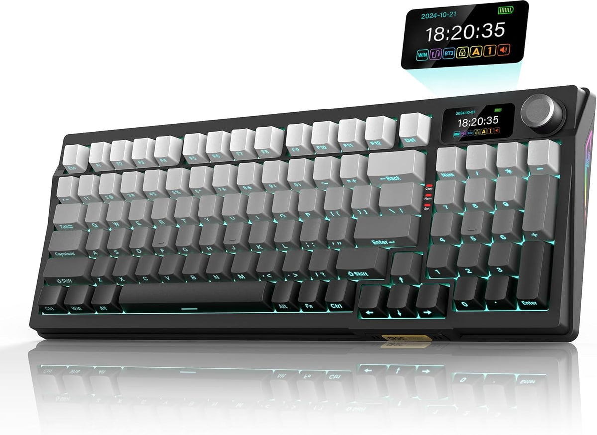RedThunder K95 Wireless Mechanical Keyboard,TFT Screen & Knob, Trip-Modes Connection, Gasket Custom Hot-Swap Keyboard, RGB Backlit, Pre-lubed Linear Switches, Side Printed PBT Keycaps, Gray Gradient