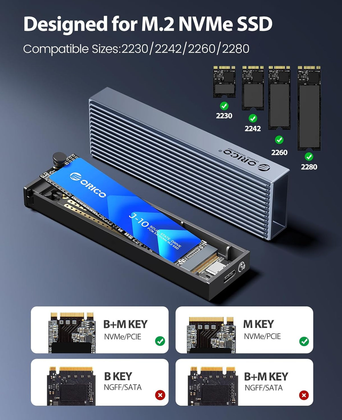 ORICO M.2 NVMe SSD Enclosure Aluminum Tool-Free Adapter, 10Gbps USB3.2 USB-C M2 Reader for M.2 PCIe NVMe M-Key 2230/2242/2260/2280 SSD, Thunderbolt 3 Compatible, External Case Support UASP Trim-BM2G2