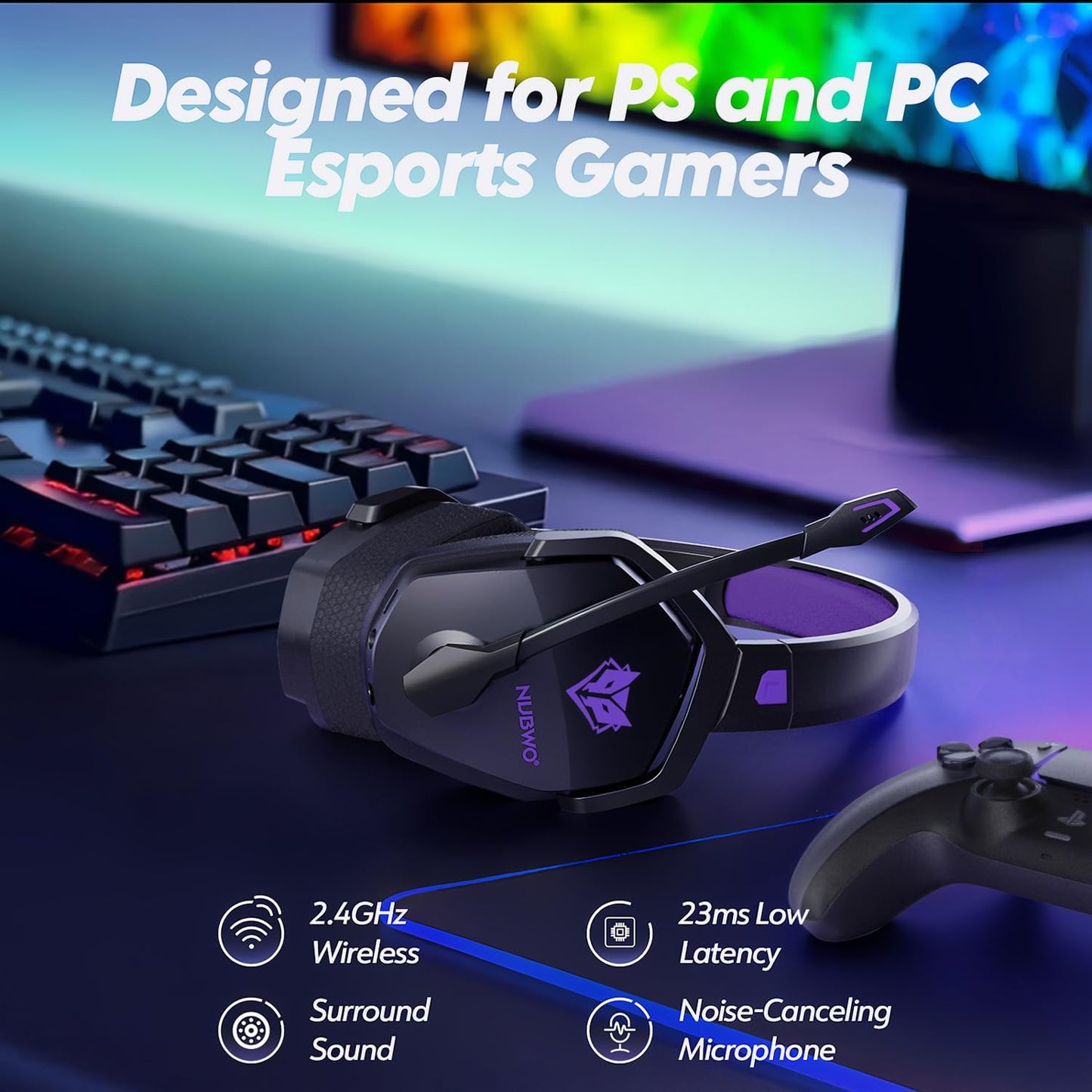 NUBWO G06 Dual Wireless Gaming Headset with Microphone for Ps5, Ps4, PC - 23ms Low Latency Audio - 100-Hour of Playtime - 50mm Drivers (Black-Purple)