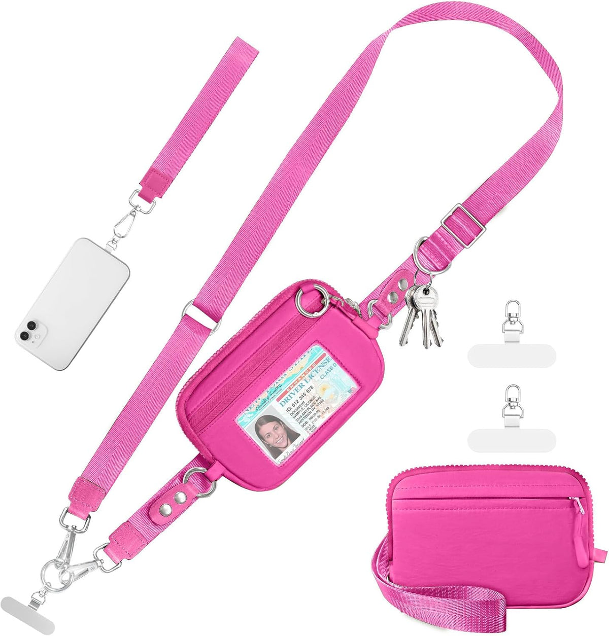 Clip and Go Strap for Phone with Wallet Crossbody Phone Lanyard Adjustable and Detachable RFID Wristlet Wallet with ID Window and Zipper, Hot Pink