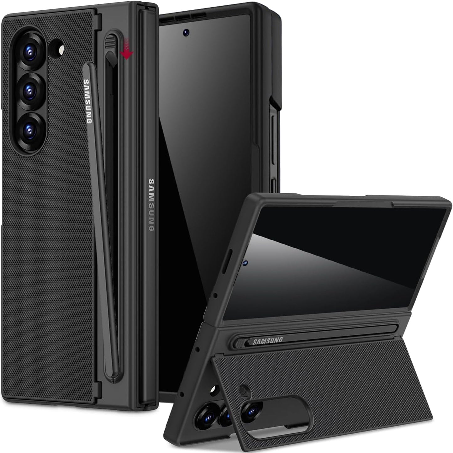 Miimall for Samsung Galaxy Z Fold 6 Case with S Pen Holder Slot [Military Grade Drop][Built-in Privacy Screen & Invisible Kickstand] Slim Thin Protective Phone Case for Galaxy Z Fold 6 Cover Black