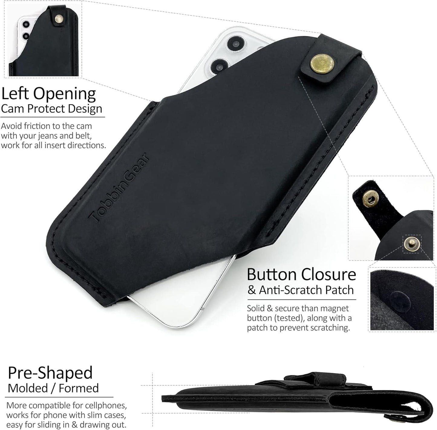 TobbinGear Leather Cell Phone Holster with Belt Clip, Universal Phone Holster for Men Belt Holder, Leather Case for iPhone, Samsung Galaxy Phones, Right Hand, Medium, Black