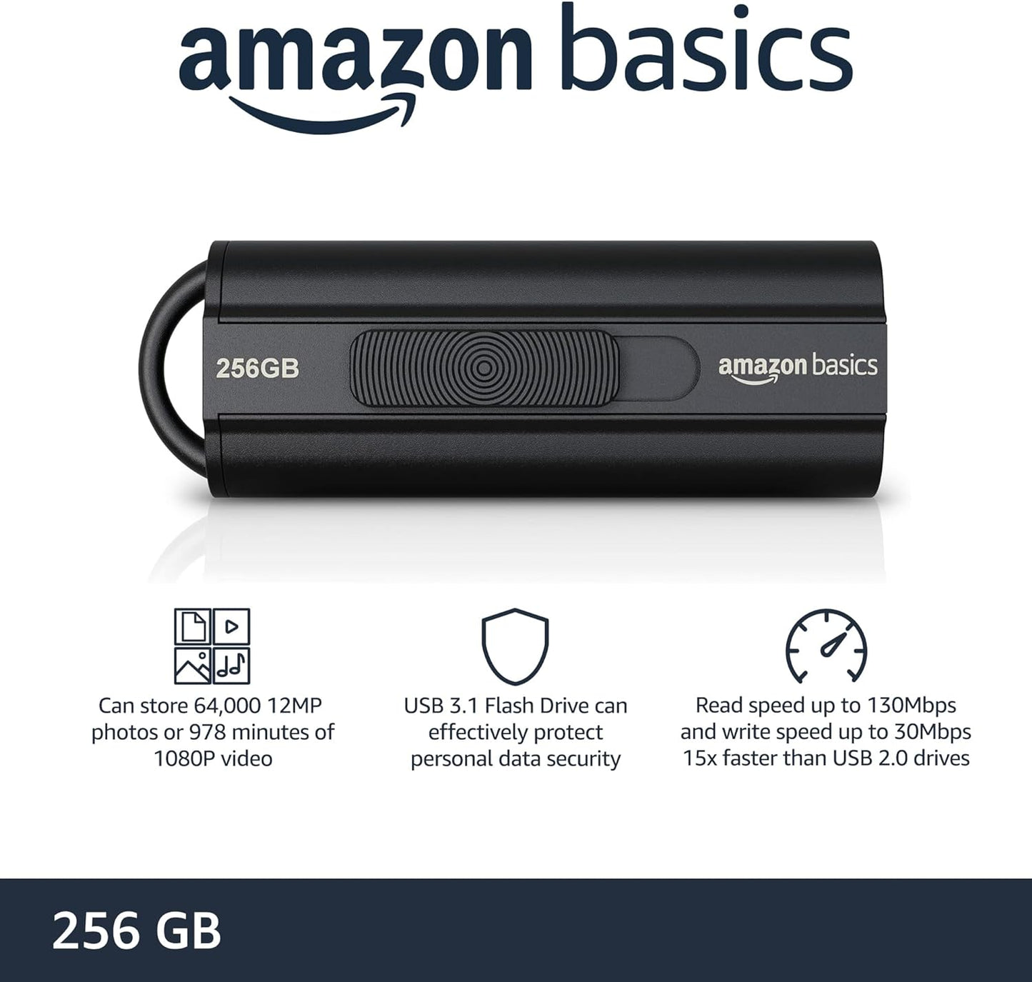 Amazon Basics 256 GB Ultra Fast USB 3.1 High Capacity Flash Drive for Data Transfer and Storage, Black
