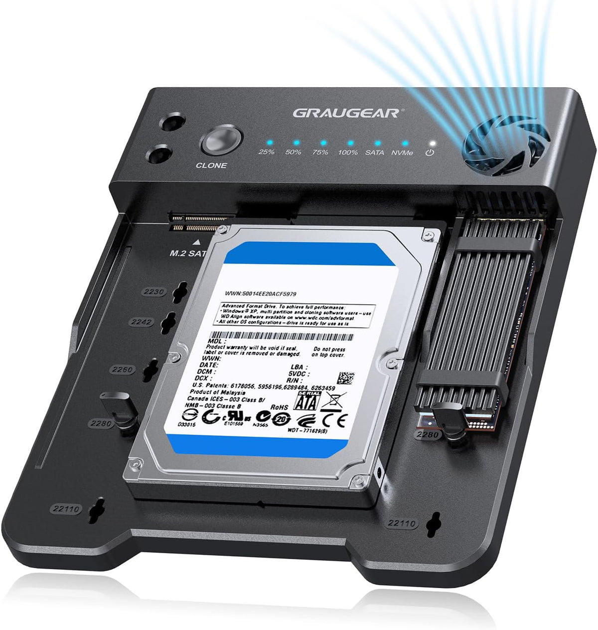 GRAUGEAR SATA SSD/HDD to M.2 NVMe Docking Station, USB-C 10Gbps Clone Station for M.2 NVMe SSD to SATA 2.5”/3.5” SSD & HDD Converter, Offline Cloning, Tool-Free, Built-in Cooling Fan
