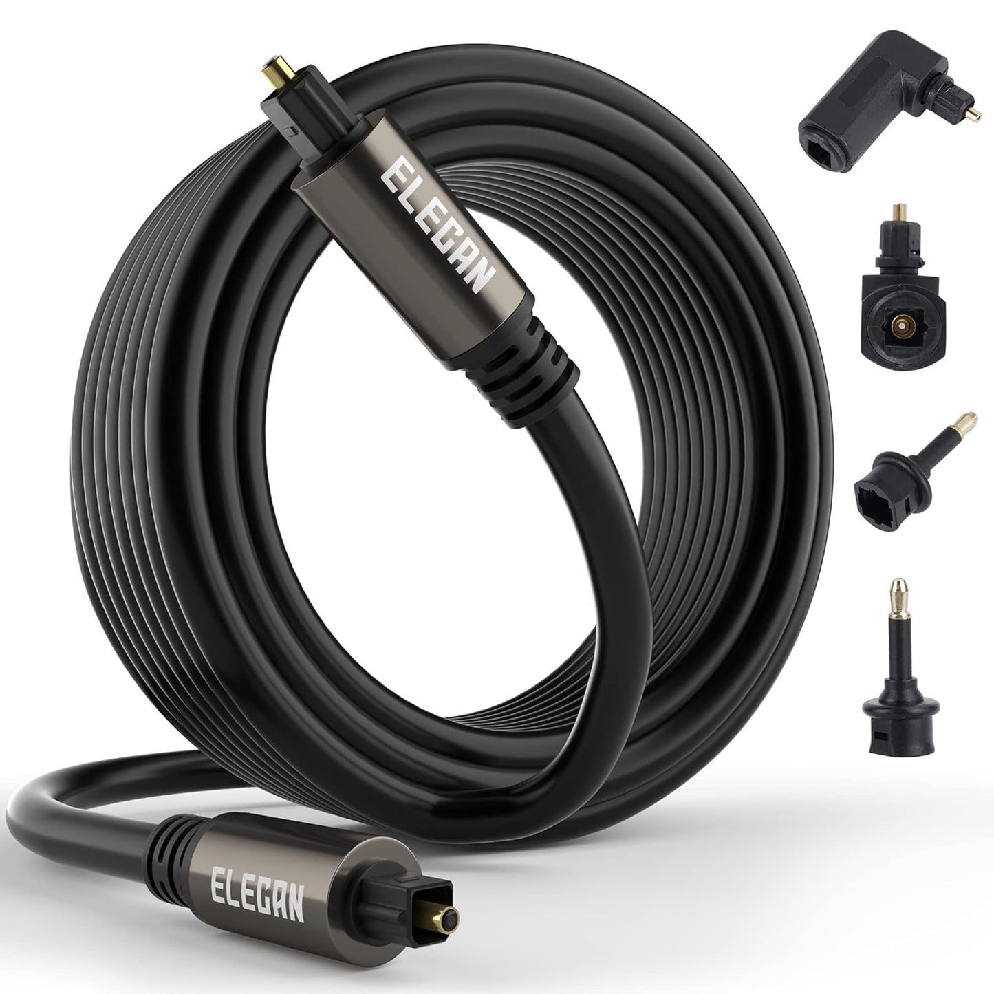 Elecan Optical Audio Cable 30 Ft Digital Audio Toslink Cable Cord-Fiber Optic-Gold Plated-Flexiable&Durable-for Home Theater,Sound Bar,PS4&Xbox-with 4 Right Angled and Mini Toslink Adapters+Ties