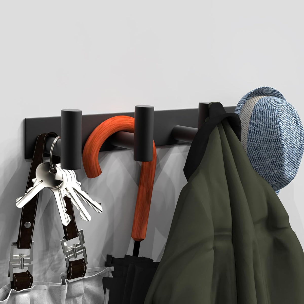 VAEHOLD Hat and Coat Wall Mount Rack - 4 Hooks for Robes, Bags, Keys, and Towels - Bathroom Towel Hanger Organizer -Black