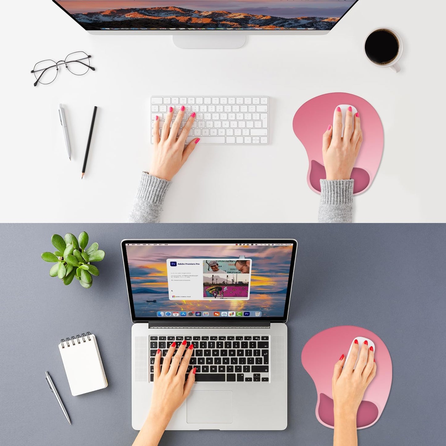 ITNRSIIET Ergonomic Mouse Pad, Cushioned Gel Wrist Rest, Non-Slip Base, Smooth Surface, Cute Multi-Color, 9.5 x 8.2 in, Pink Ombre