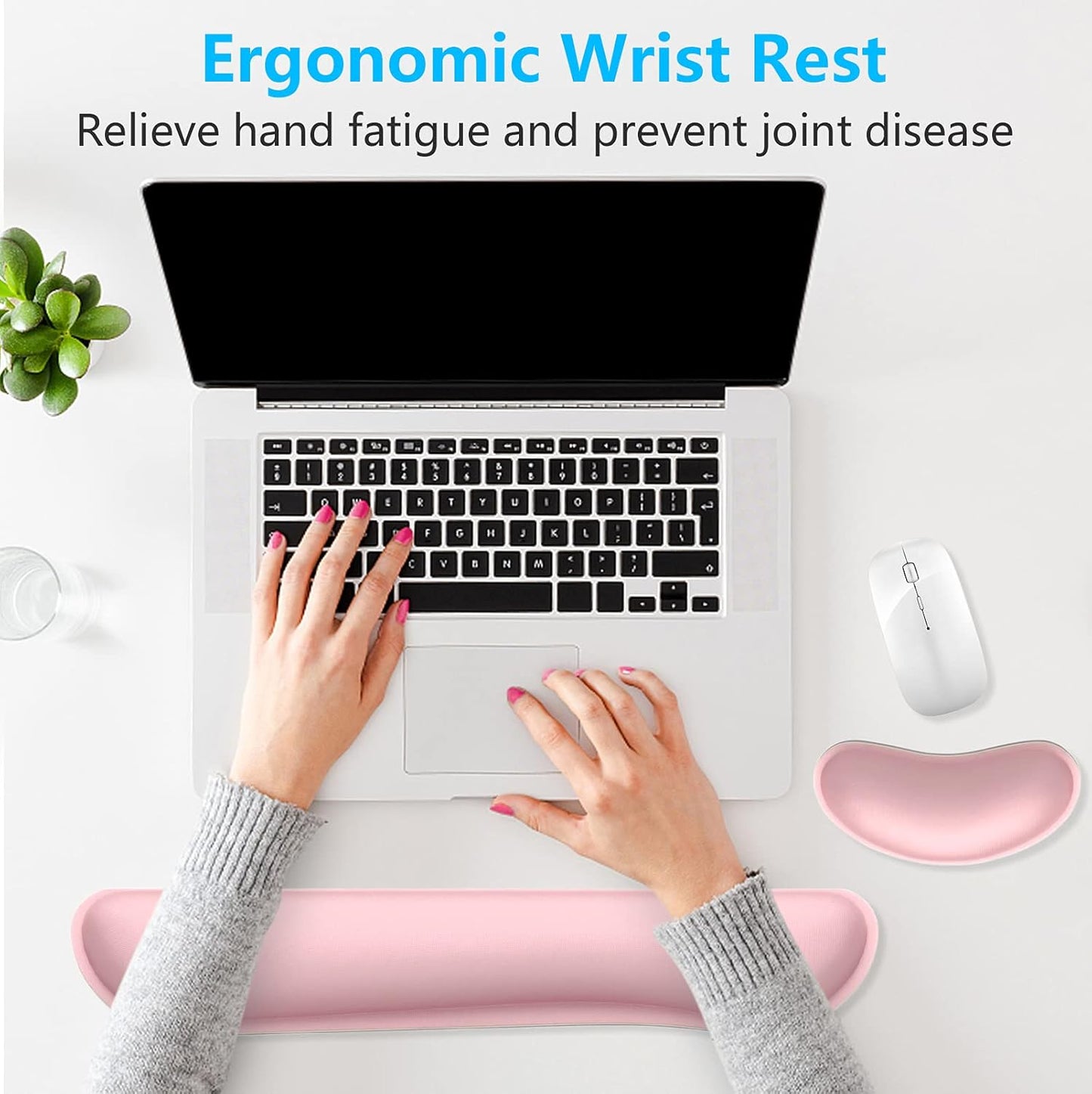Dapesuom Enlarge Keyboard Wrist Rest, Memory Foam Wrist Cushion for Desk Mats Support, Cute Typing Pain Relief Keyboard Mouse Pad Rests Set with Non-Slip Base for Gaming Laptop Office Computer, Pink