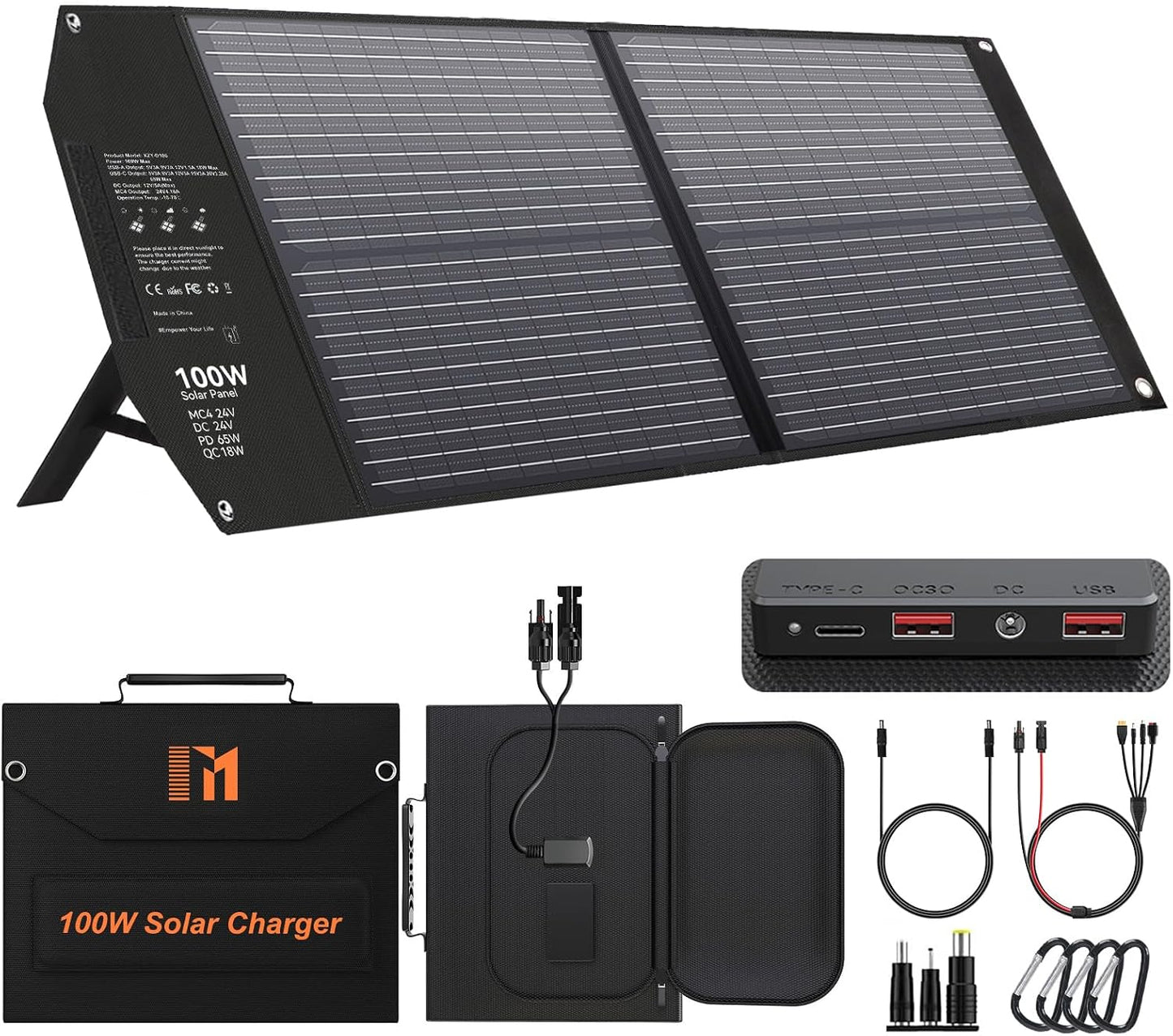 100W Portable Foldable Solar Panel Charger 24V MC4 DC USB-C USB-A | USB-C PD65W, USB-A QC3.0 Fast Charging, for Power Station, Generator, Outdoor, Camping, RV Trip, Off Grid Living