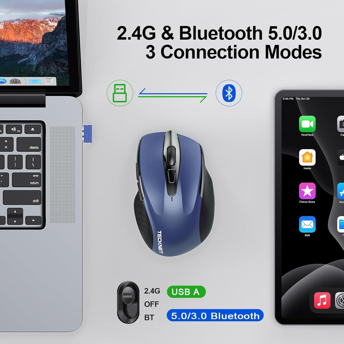 TECKNET Wireless Mouse (2.4G & BT5.0/3.0) Silent 4800 DPI Computer USB A & Bluetooth Mouse 6 Buttons, Wide Compatibility - Blue