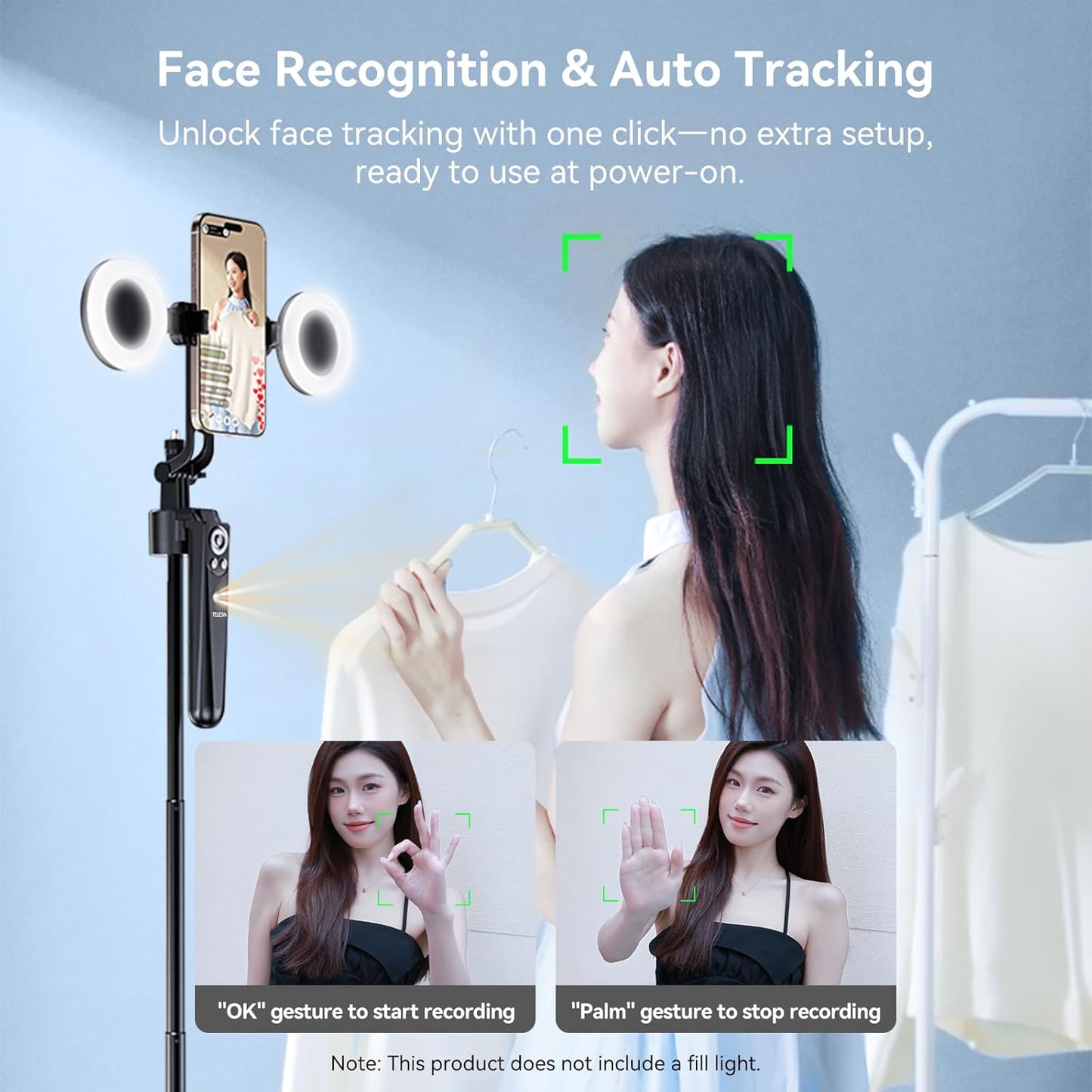 TELESIN 63" Smart Auto-Face Tracking Tripod with 360° Rotation, Remote & Gesture Control, No APP Needed, Compatible with Smartphone/Action Camera, Selfie Stick Tripod Stand for Video Live Streaming