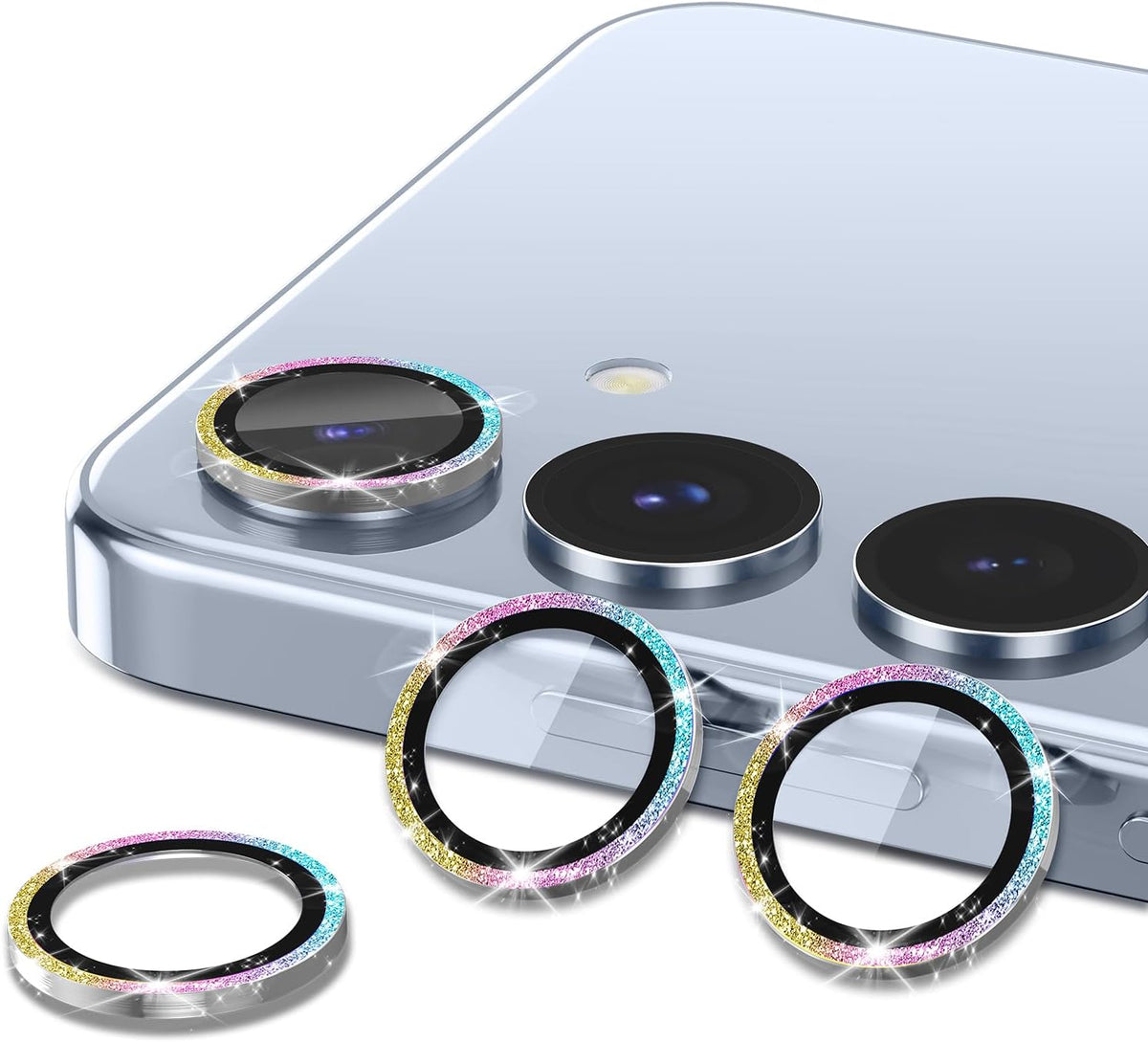 for Samsung Galaxy S25 Plus Camera Lens Protector, Individual Metal Ring Tempered Glass Lens Cover, [Strong Adsorption] Scratch Resistant Ultra-Thin HD Clear Lens Cover, 1 Set-Colorful Sparkly