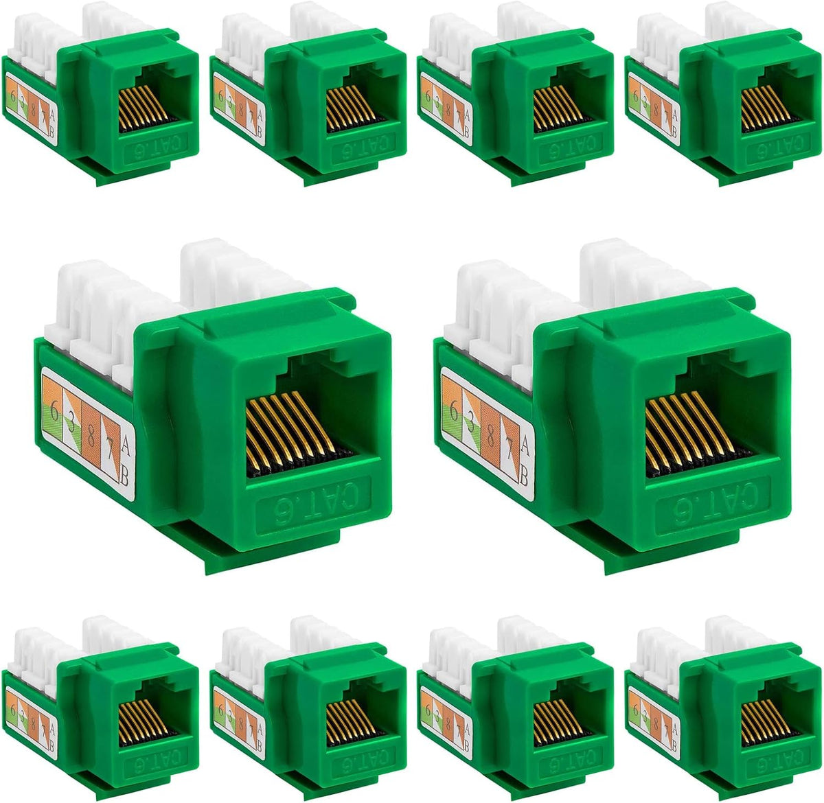 Cmple - 10 Pack Cat6 Keystone Jack Insert Punch Down RJ45 Connectors RJ45 Keystone Jack 90 Degree Female for Wall Plates, Patch Panels, Patch Cables, Ethernet Cables - Green