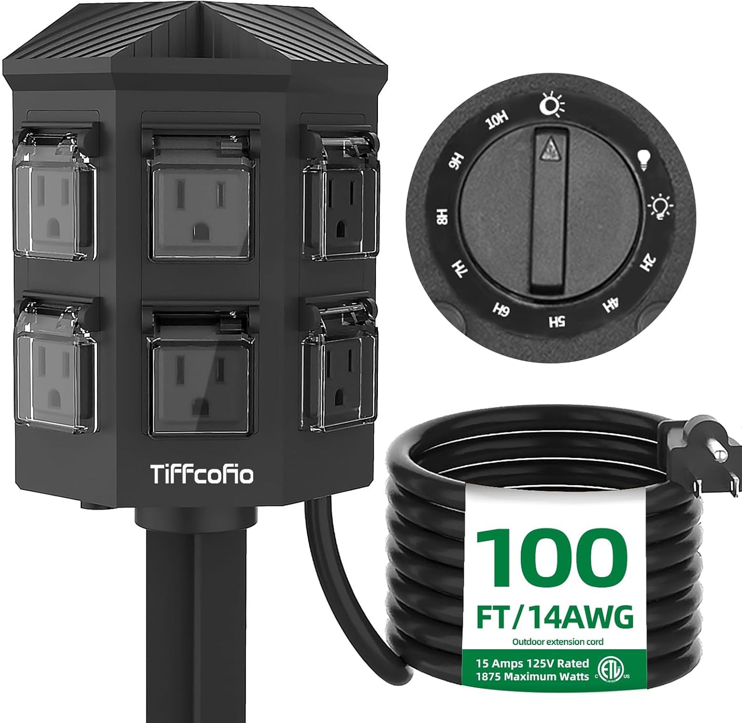 TiFFCOFiO Outdoor Power Strip Timer, Dusk to Dawn Light Sensor Countdown, 100 Feet Extension Cord Waterproof, 6 Grounded Outlets for Halloween and Christmas Decorations, ETL Listed (100 FT)