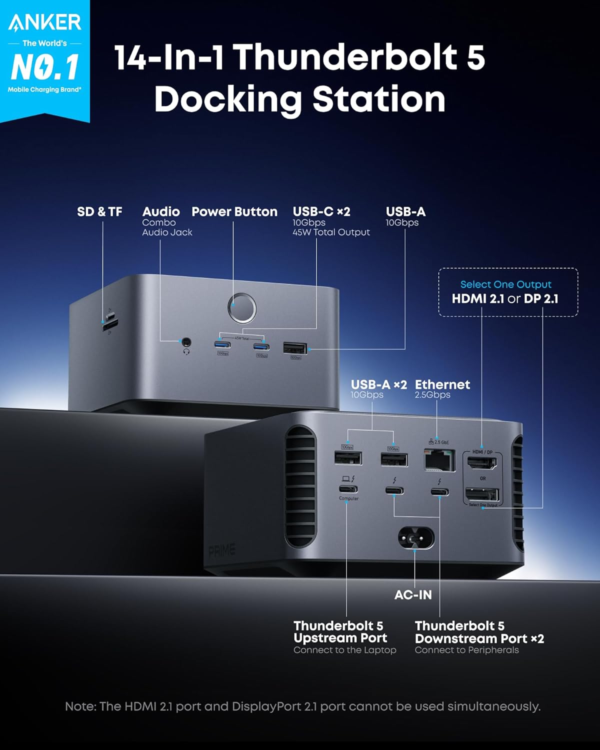Anker Prime TB5 Docking Station, 14-in-1 Thunderbolt 5 Dock with 120Gbps Max Transfer, Thunderbolt Dock with 140W Max Charging, Cooling System, Ambient Lighting, Up to 8K for TBT 5/4 Laptops