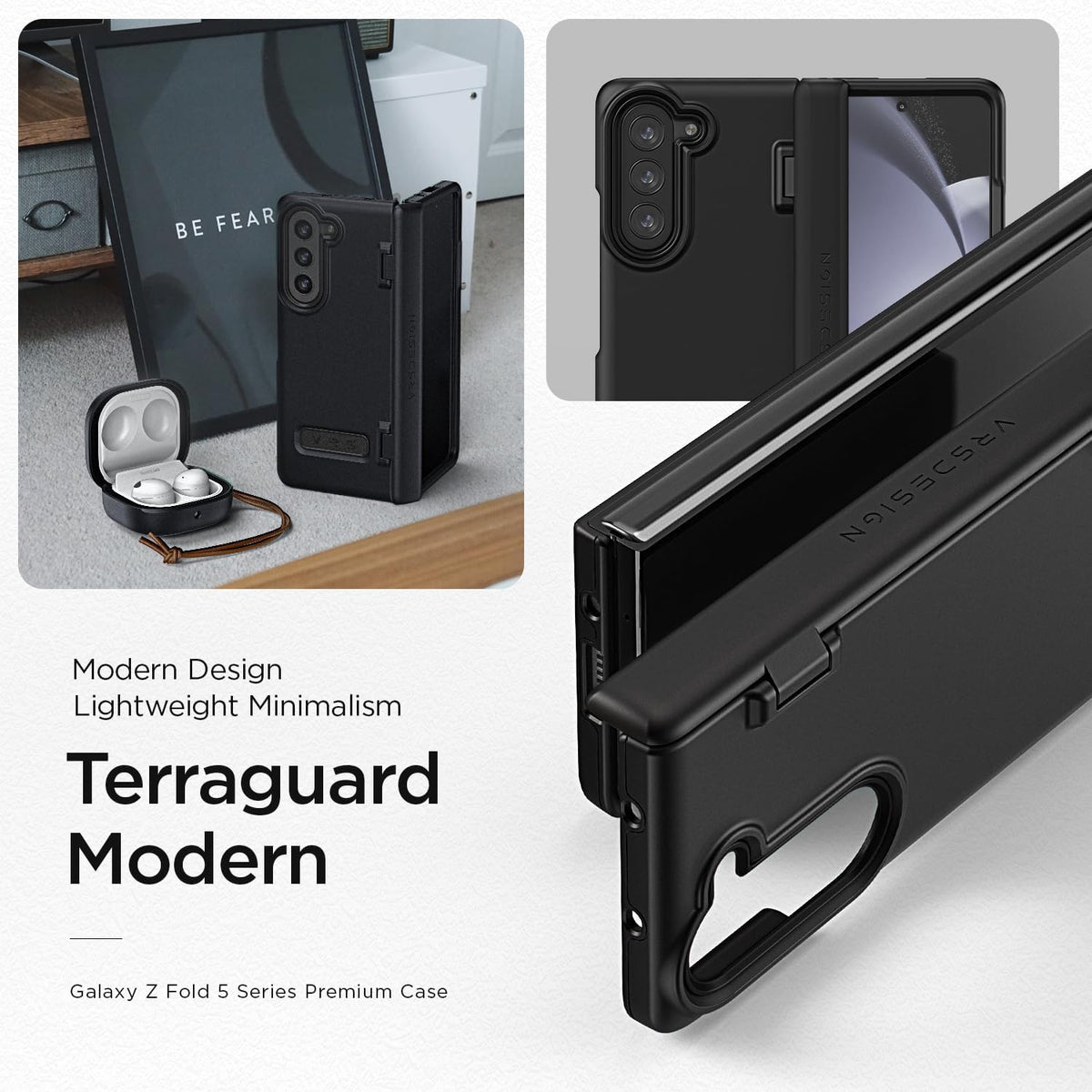 VRS DESIGN Phone Case for Galaxy Z Fold 5 5G (2023) [Terra Guard Modern], Premium Modern Neat Style Case [Anti Scratch Spring-Loaded Hinge Protection] with Screen Protector (Matte Black/Renewed)