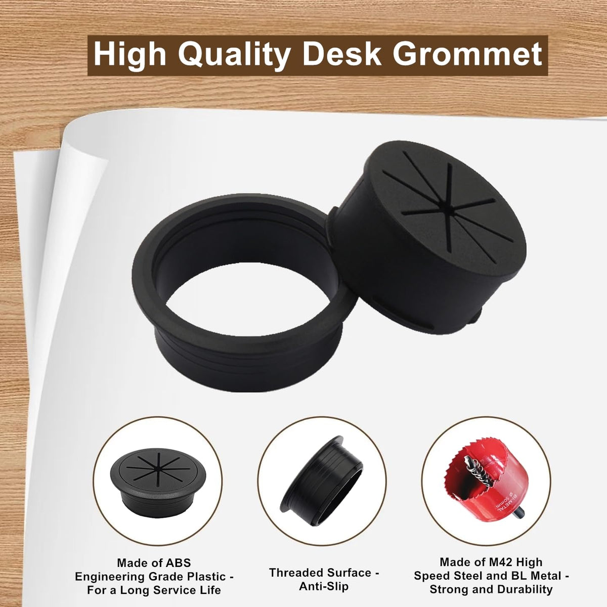 2 Pack Desk Grommet 2 Inch (50 mm), Desk Hole Cover for Cables, Black Desk Cord Hole Cover for Office Home Table, Cable Grommet with 1 Hole Saw Drill Attachment & 6 Cable Ties