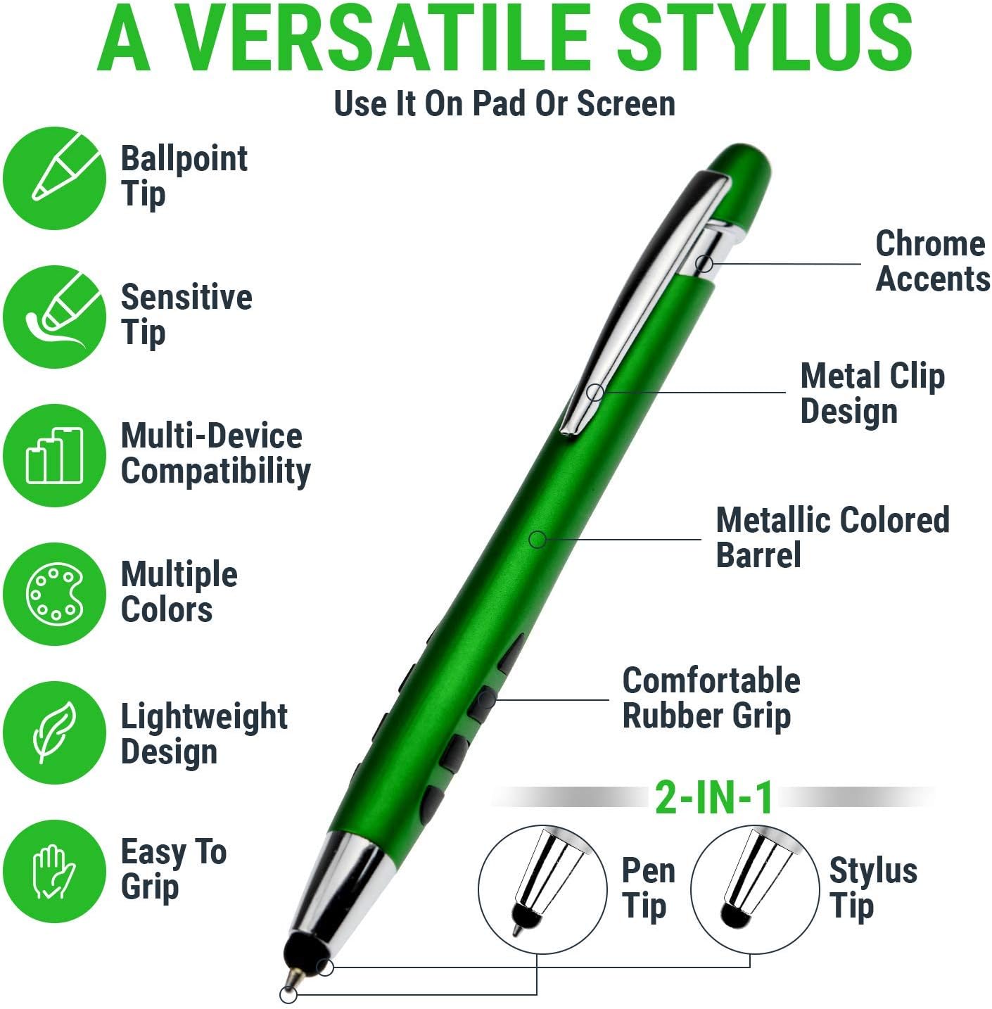 Stylus Pen for Touch Screens & Ballpoint Writing Pens, with Sensitive Stylus Tip - 2 in 1, Compatible for Your Touch Screen Devices - Assorted Barrel Colors, Black Ink, 7 Pack