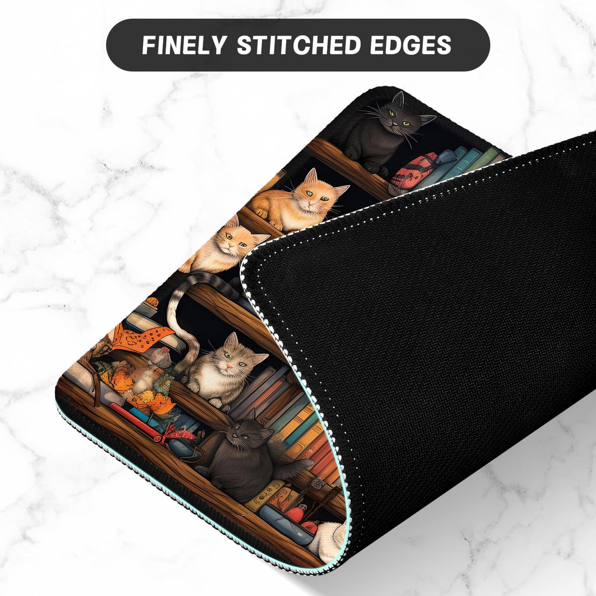 ITNRSIIET Mouse Pad with Stitched Edge Premium Textured Smooth Precise Operation Waterproof Washable Non-Slip Rubber Base Desktop Protection Mat, 10.2×8.3×0.12 inches, Cat on The Desk