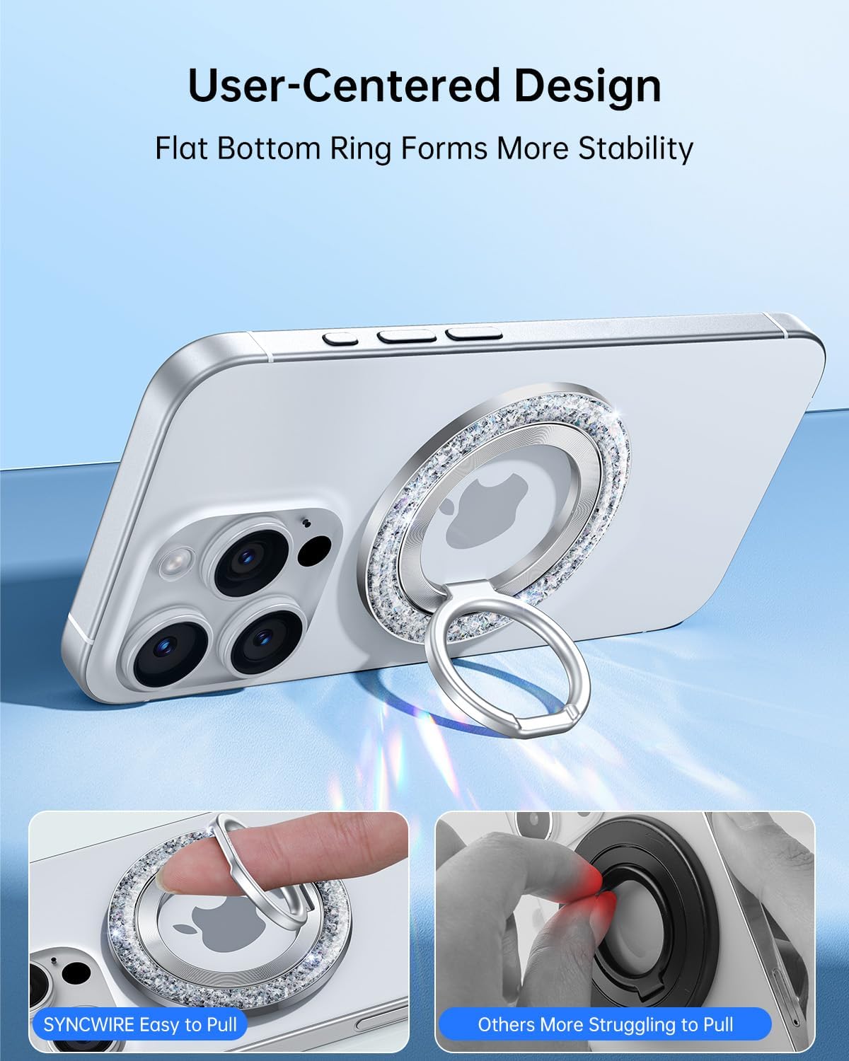 SYNCWIRE Magnetic Phone Ring Holder for MagSafe - Glitter Phone Grip Stand with 360° Rotation & Reinforced Hinge, Compatible with iPhone 16 15 14 13 Pro Max Plus MagSafe Accessories - Glitter Silver