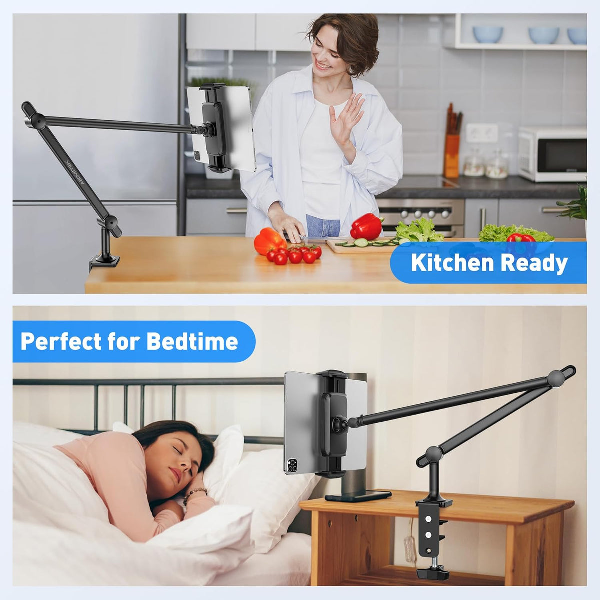 AboveTEK Tablet Stand Holder, Aluminum iPad Holder for Desk & Bed, Adjustable Arm Clamp Mount with 360° Rotation, Overhead Compatible with 4.7"-13.5" iPad Pro/Air/Mini, iPhone, Galaxy Tab- Black