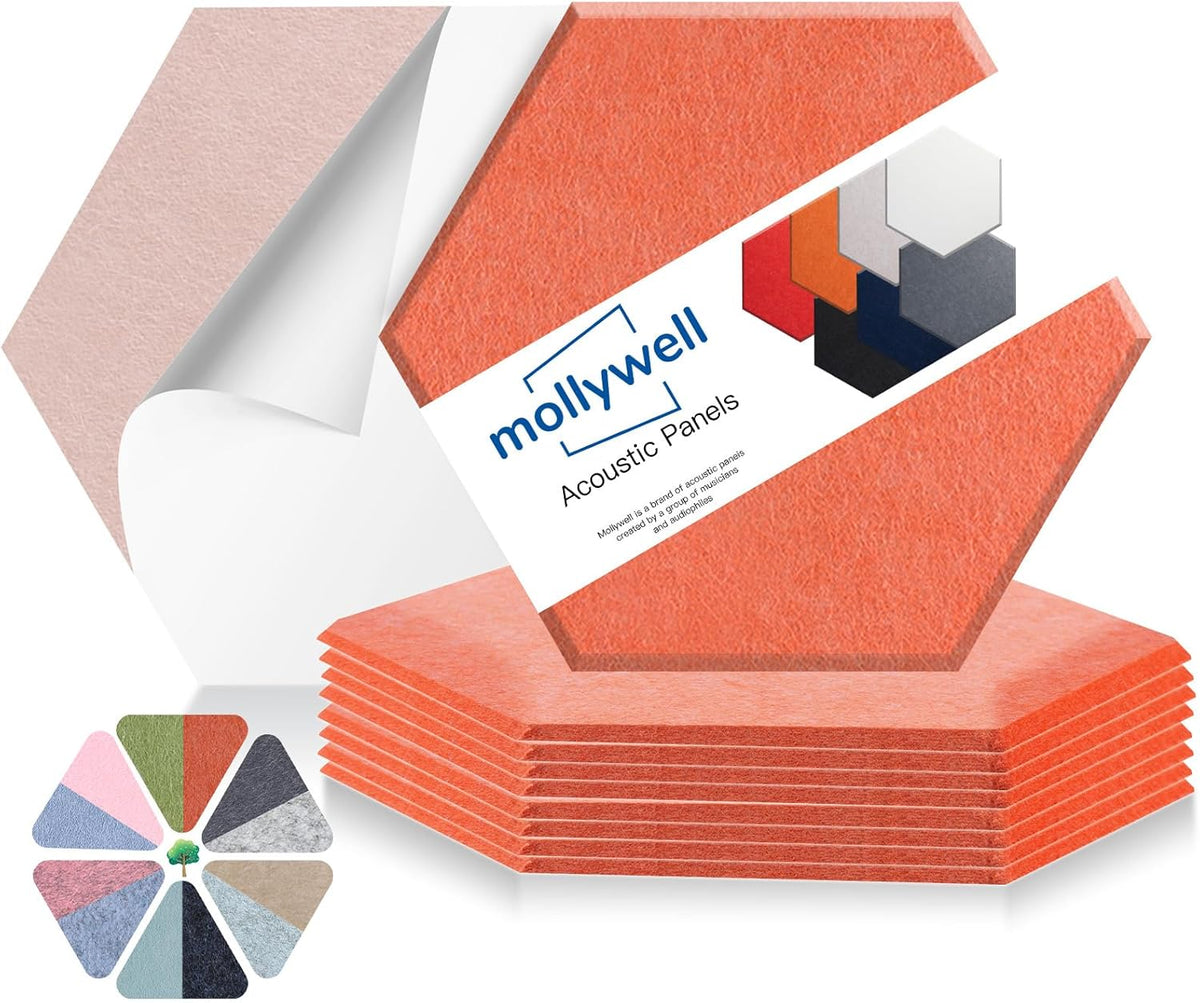 Mollywell Hexagon Acoustic Panels, High Density, Soundproofing, Decorative Noise Reduction Felt Wall Tiles for Ceilings, Home Office & Gaming Room (Orange), 14x12x0.4 Inch