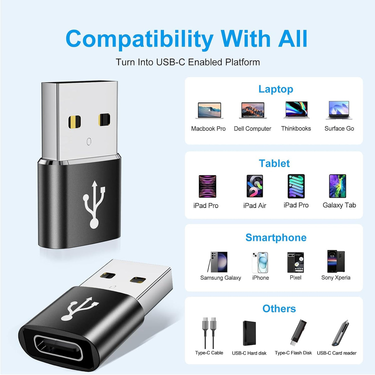 USB A to USB C Adapter 20 Pack,USB to USBC Adapter,USBA Male OTG Adapters,Type C Female Converter for iPhone,iPad,MacBook,Samsung Galaxy,Black