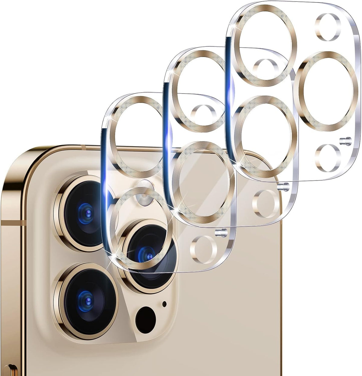 UniqueMe [ 3 Pack] Compatible with iPhone 12 Pro Max 6.7" Camera Lens Protector Tempered Glass,[Case Friendly][New version][Scratch-Resistant][Easy Installation] -Golden