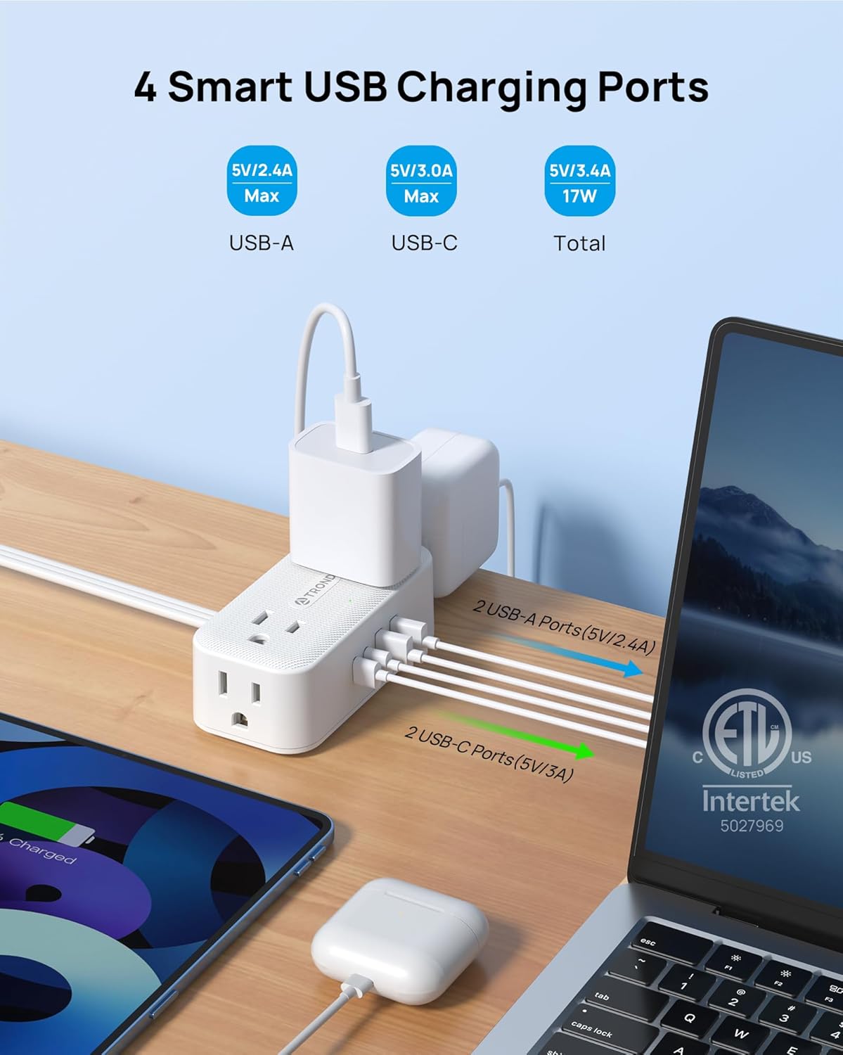 TROND 360° Rotating Flat Plug Power Strip, 10FT Extension Cord with 4 USB Ports, 4 Wide Spaced AC Outlets, Wall Mount, Surge Protector Power Strip for Office Travel Dorm Room Essentials, White