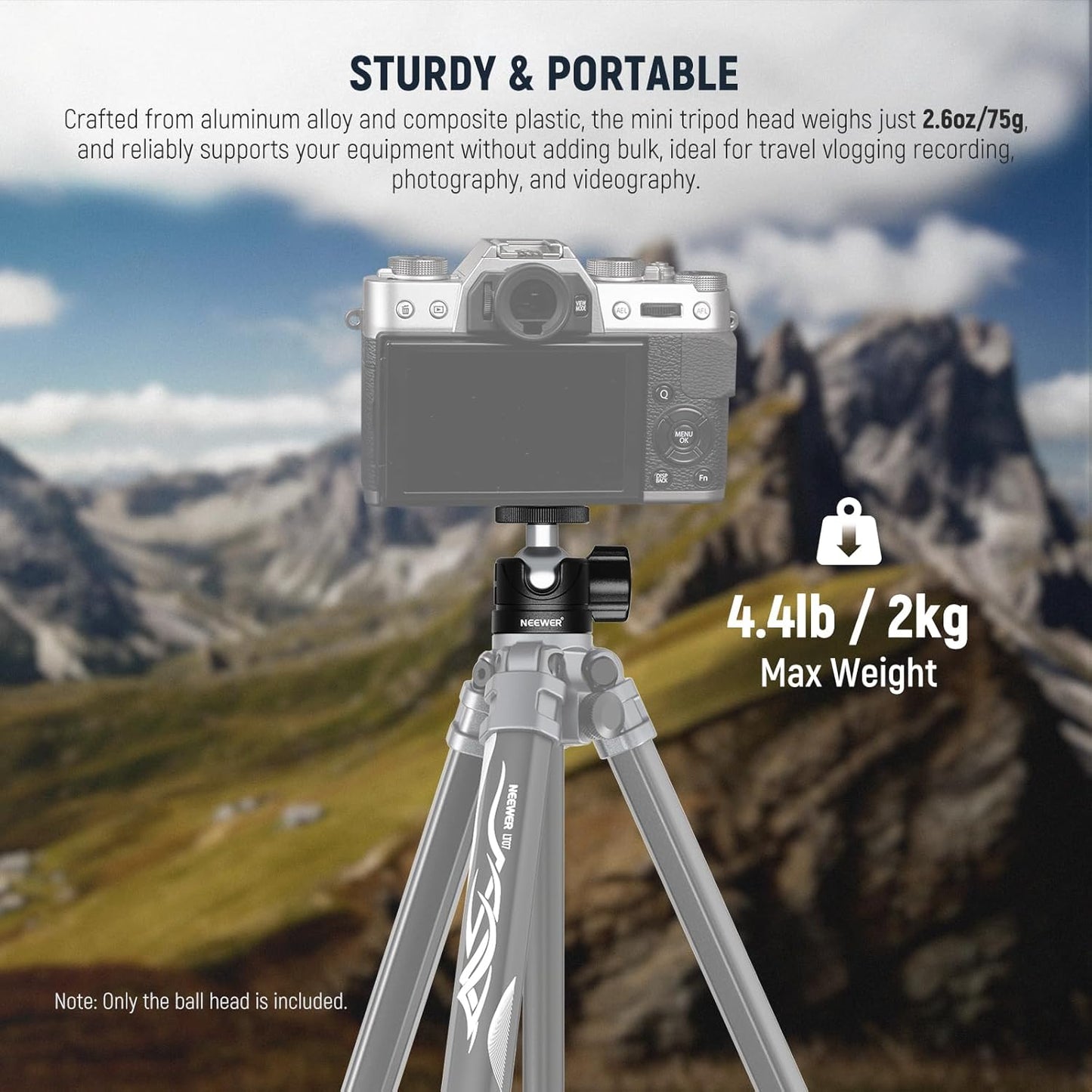 NEEWER Basic Mini Ball Head, Portable Tripod Head Camera Mount Adapter with 1/4" Screw for Compact DSLR Action Cam Phone LED Ring Light Monopod Slider, 4.4lb Max Load, 360° Swivel & 90° Tilt, GM01