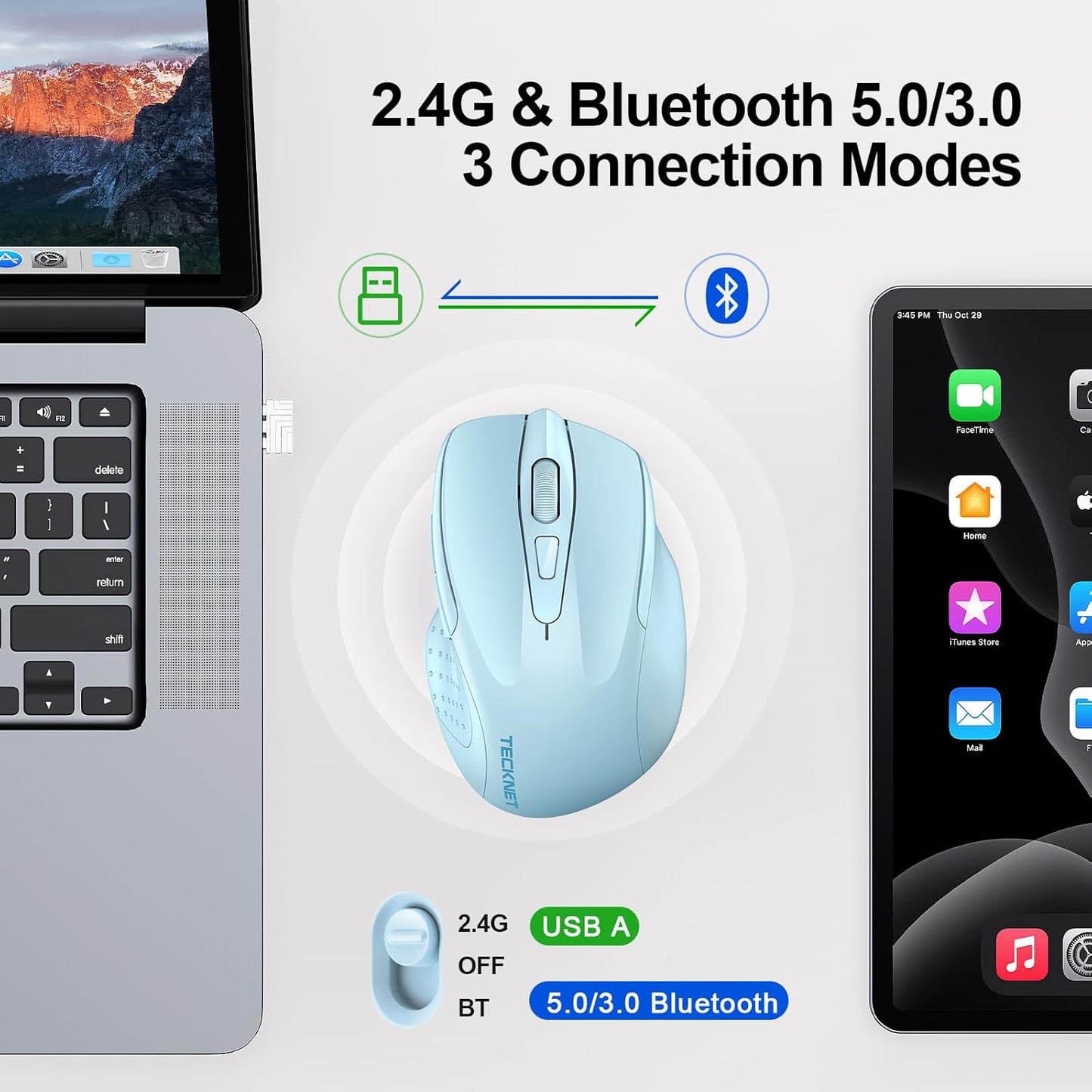 TECKNET Wireless Mouse (BT5.0/3.0 & 2.4G) Rechargeable 4800 DPI Silent USB A & Bluetooth Mouse 6 Buttons, Wide Compatibility - Lightblue