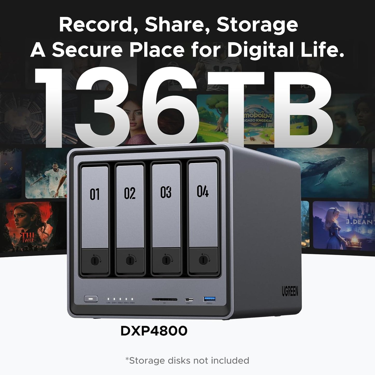 UGREEN NASync DXP4800 4-Bay Desktop NAS, Intel N100 Quad-core CPU, 8GB DDR5 RAM, 32G eMMC, 2X 2.5GbE, 2X M.2 NVMe Slots, 4K HDMI, Network Attached Storage (Diskless)