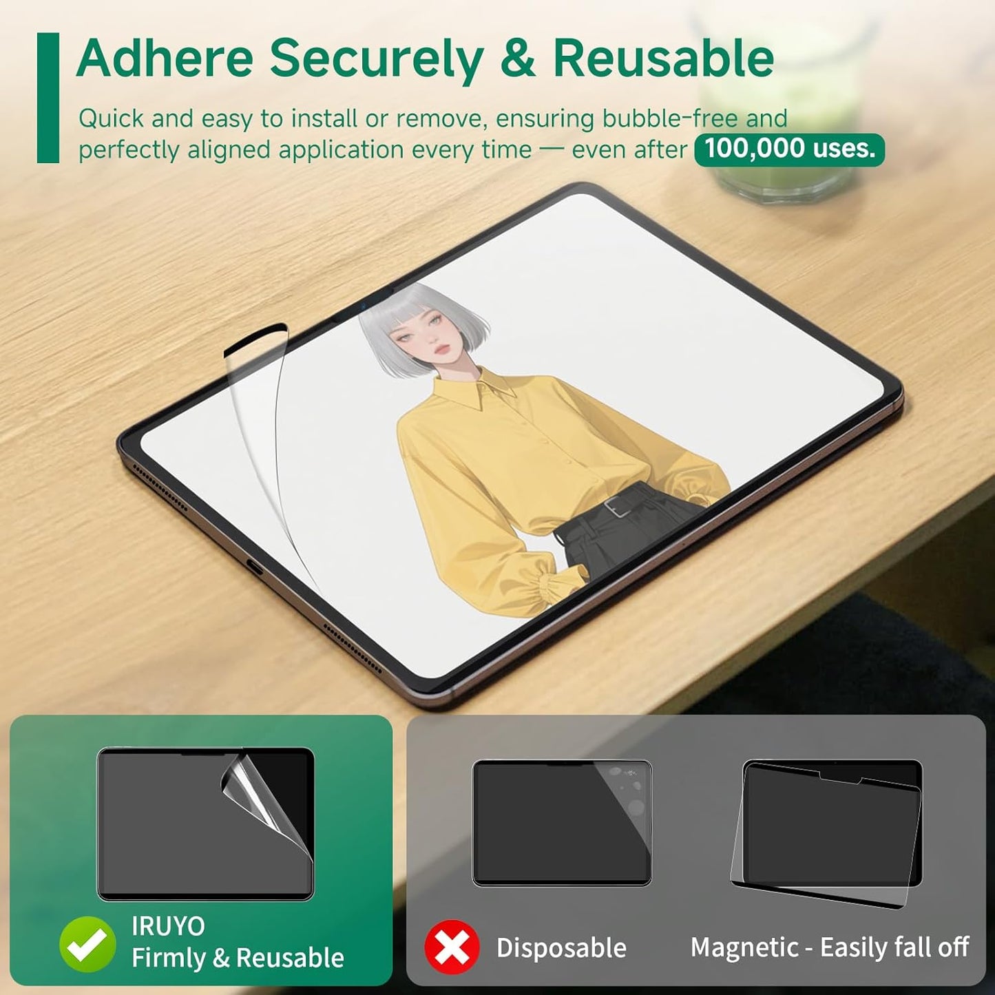 Nano-Suction Paper Feel Screen Protector for iPad Pro 11 inch 2024, Removable, Reusable, Write as Real Paper, Anti Glare, Stable