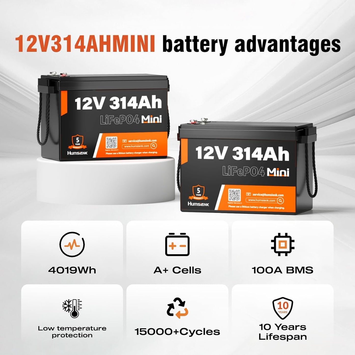 12V 300Ah (314Ah) LiFePO4 Lithium Mini Battery, Max. 4019Wh Energy, 15000+ Deep Cycles, 100A BMS Lithium Iron Phosphate Rechargeable Battery Great for RV, Marine and Off Grid Applications
