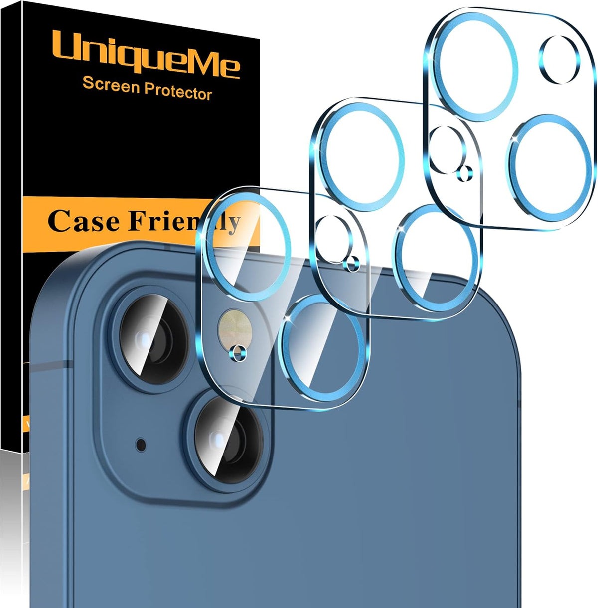 UniqueMe [3 Pack Compatible with iPhone 13 6.1" / iPhone 13 Mini 5.4" Camera Lens Protector Tempered Glass, [Case Friendly][New Version][Scratch-Resistant][Easy Installation] - Blue Circle