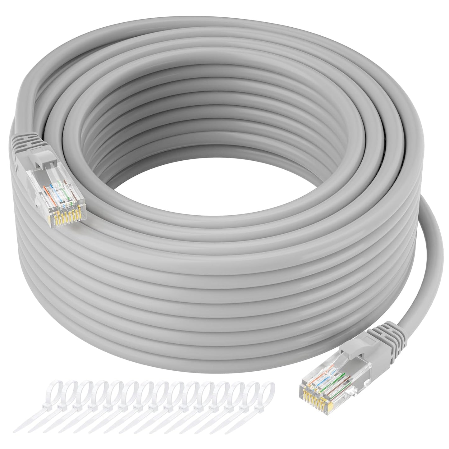 Cat5e Ethernet Cable 50 FT, Long Cat 5e Internet Cable, Grey Snagless Patch Cord, Flexible, Network, LAN, PoE, Standard RJ45 Connector for PC, Server, Router, Modem, TV, PS5 - with 15 Cable Ties