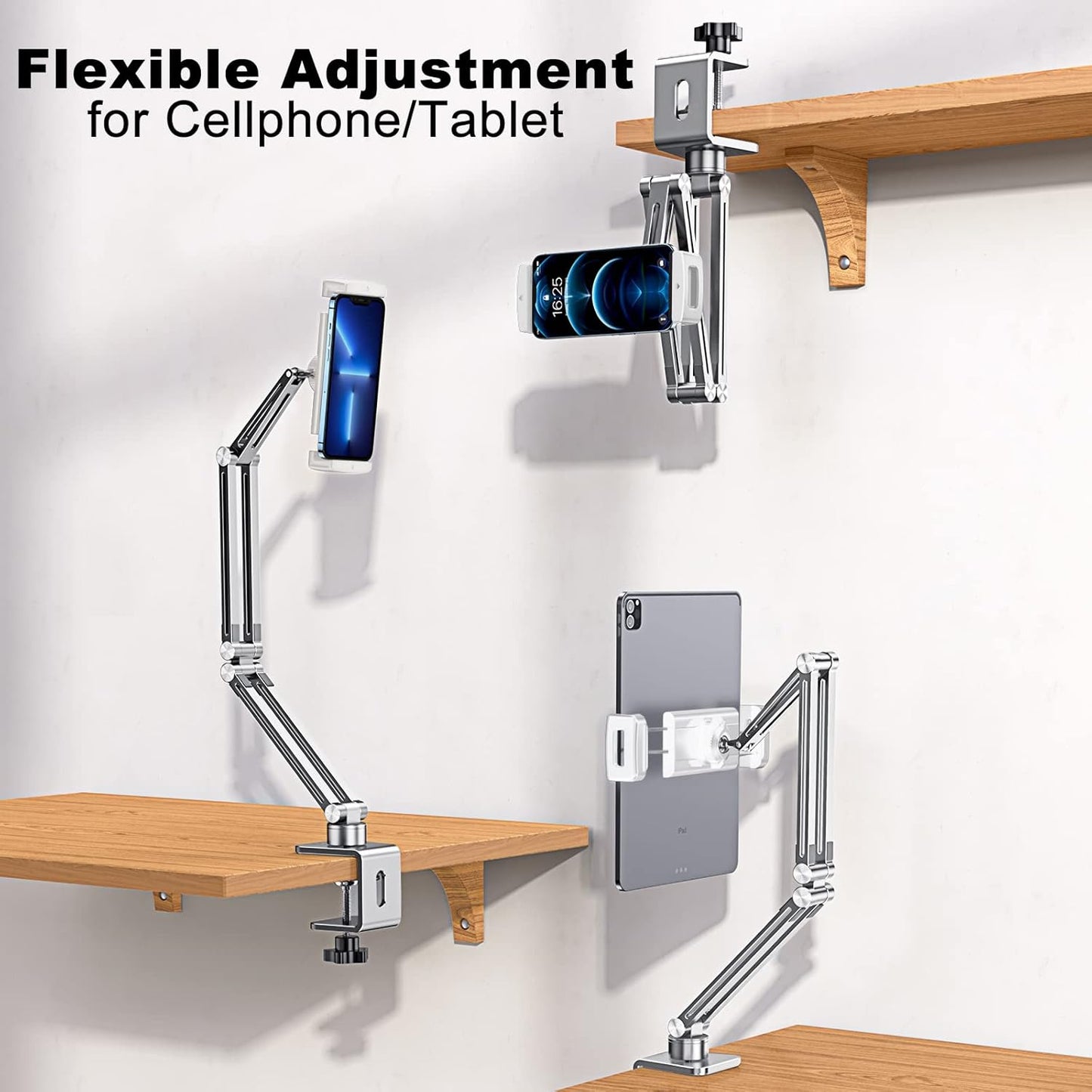 OATSBASF Phone and Tablet Holder Bed Gooseneck Mount, Aluminum Long Arm Foldable Lazy Stand, Universal 360 Degree Rotatable for iPhone, iPad, Tablet-Silver