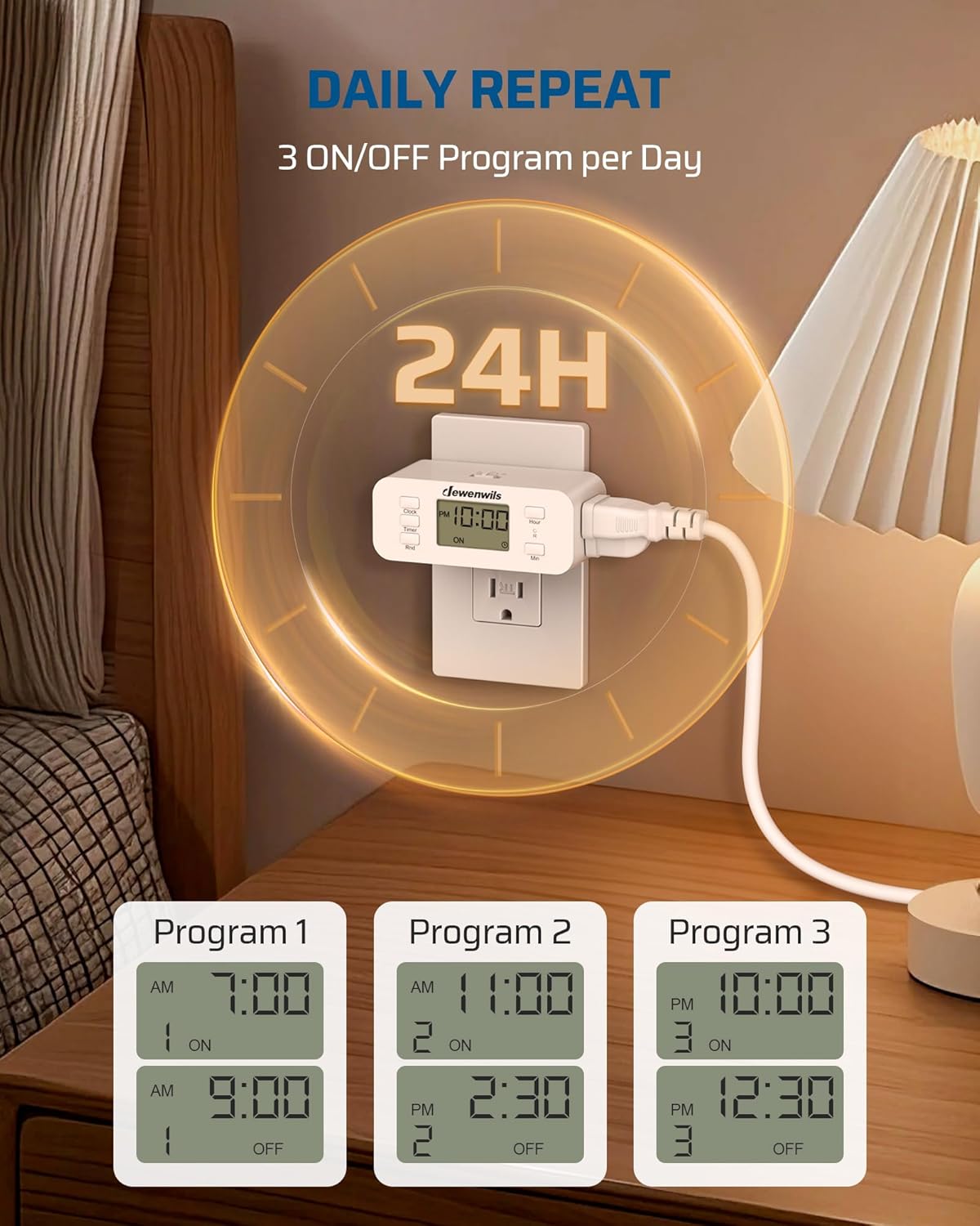 DEWENWILS 24 Hour Programmable Digital Timer Outlet, Timers for Electrical Outlets, Indoor Light Timers for Lamp Fan Aquarium, 2 Grounded Outlet, 125V/15A Resistive/1000W Tungsten, 3 Prong, 1 Pack