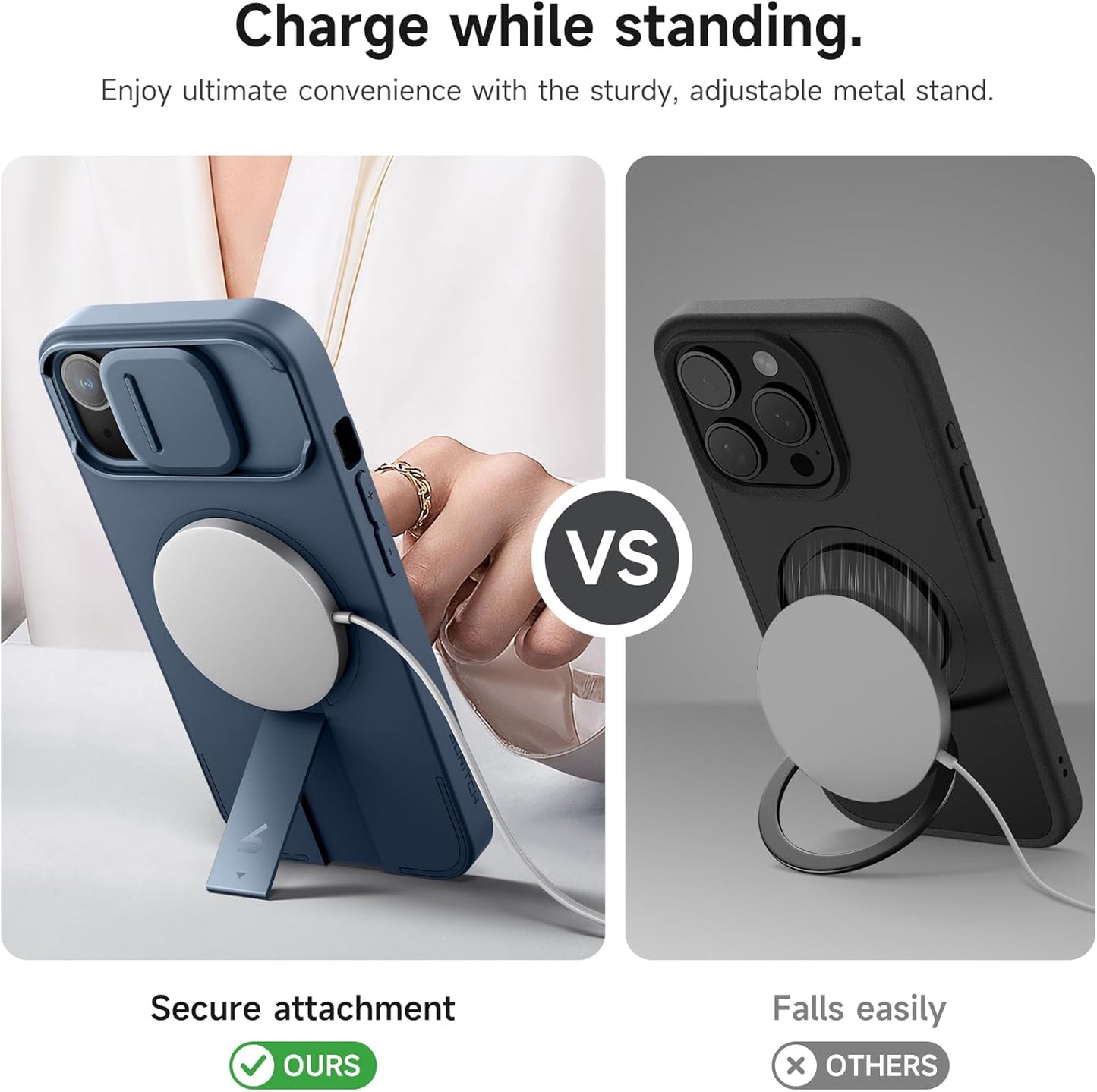 SURITCH for iPhone 15 Case with Magnetic Camera Slide Cover and Adjustable Kickstand, Compatible with MagSafe, Shockproof Bumper Case Slim Protective Cover 6.1 Inch, Blue