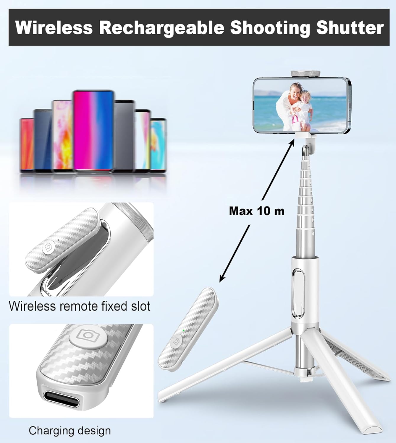TONEOF 68" Travel Tripod,Selfie Stick,All-in-1 Phone Stand with Integrated Wireless Remote,Lightweight and Portable,Extendable for iPhone and Android(White)