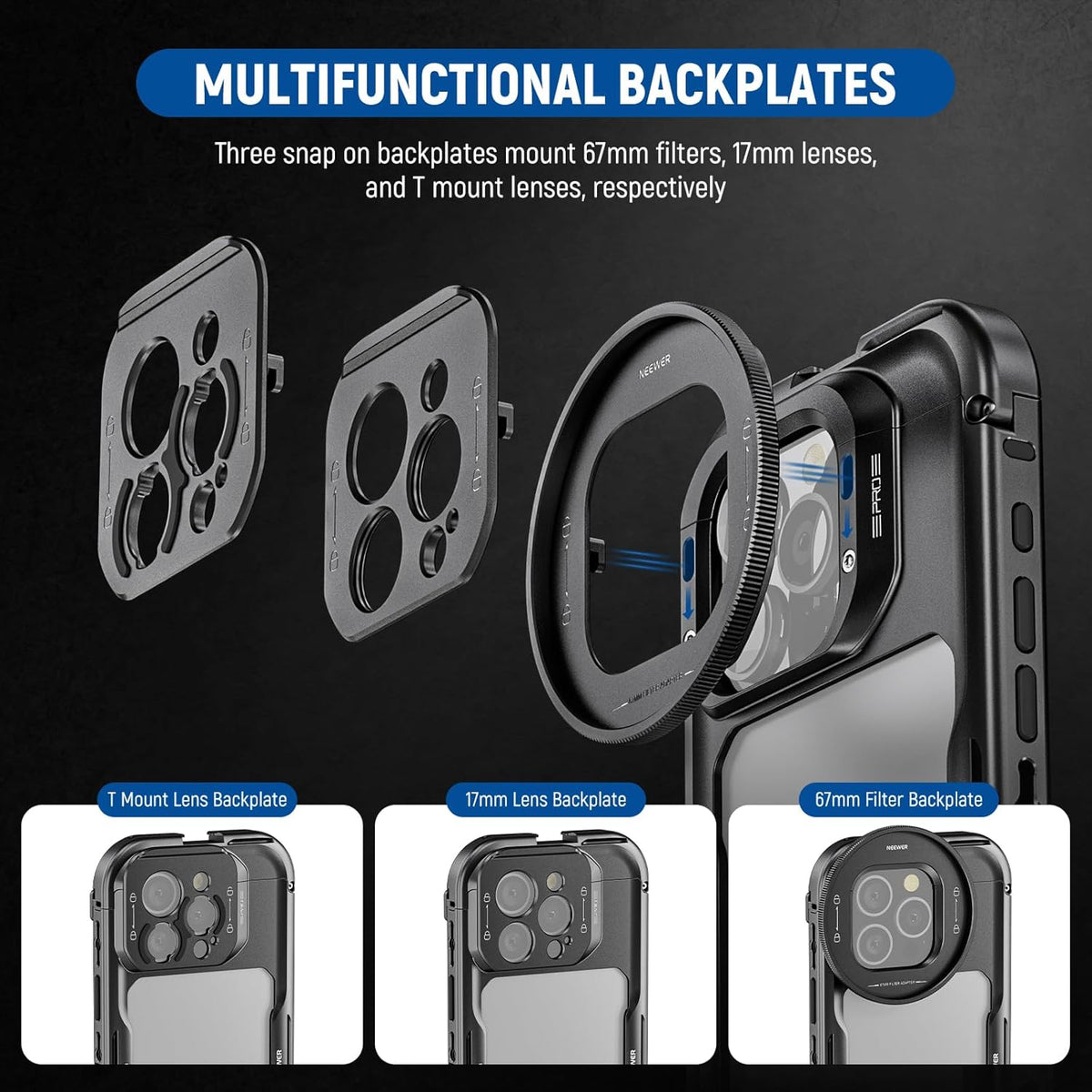 NEEWER 16 Pro Cage, Quick Release Video Rig Phone Stabilizer Compatible with iPhone 16 Pro with 67mm Filter Adapter, 17mm Lens Backplate, T Mount Lens Adapter Compatible with Moment, PA073