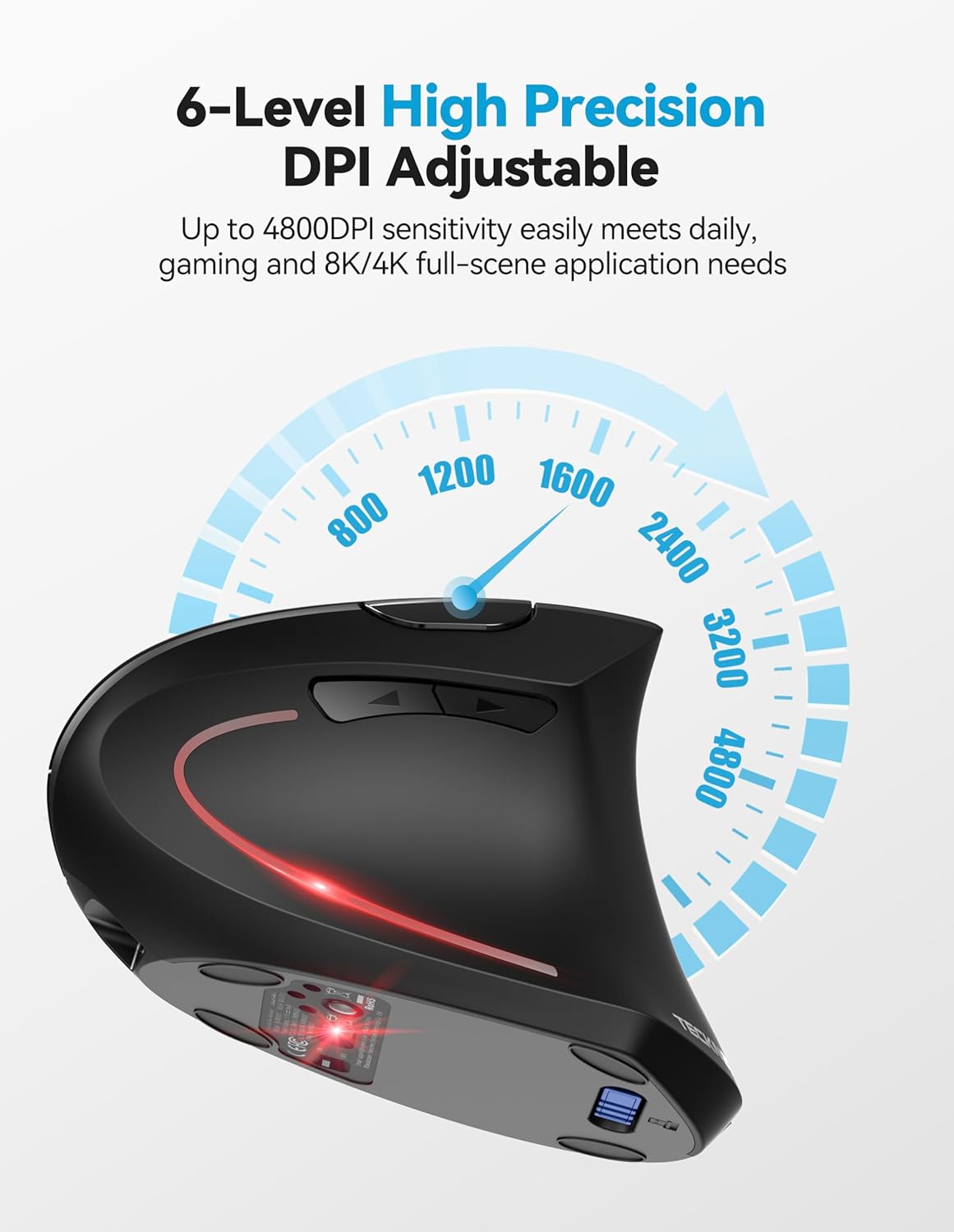 TECKNET Ergonomic Mouse, Rechargeable 2.4G+Bluetooth Vertical Mice 6 DPI Adjustable, Wireless Optical Carpal Tunnel Mouse for Right Hand, Silent 6 Buttons for Laptop, PC, MacBook, iPad - Black