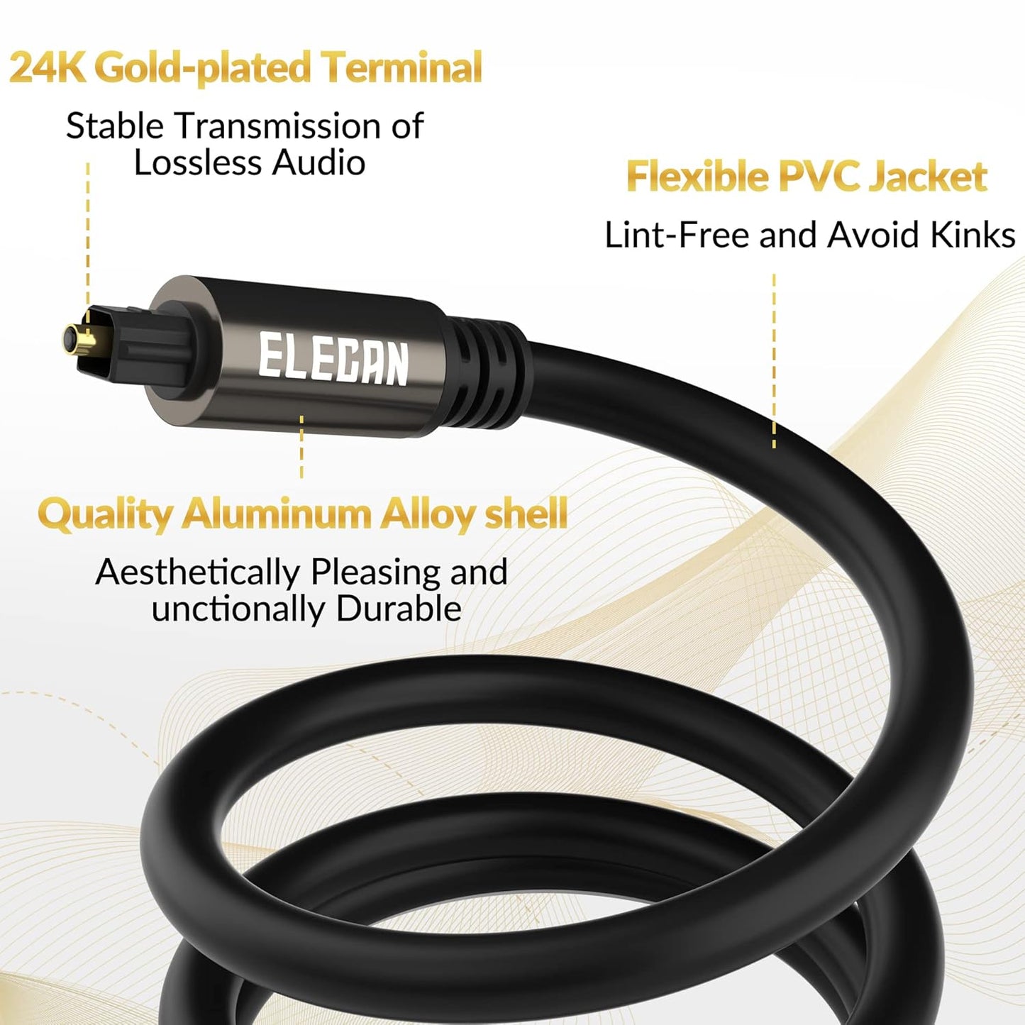 Elecan Optical Audio Cable 25 Ft Digital Audio Toslink Cable Cord-Fiber Optic-Gold Plated-Flexiable&Durable-for Home Theater,Sound Bar,PS4&Xbox-with 4 Right Angled and Mini Toslink Adapters+Ties