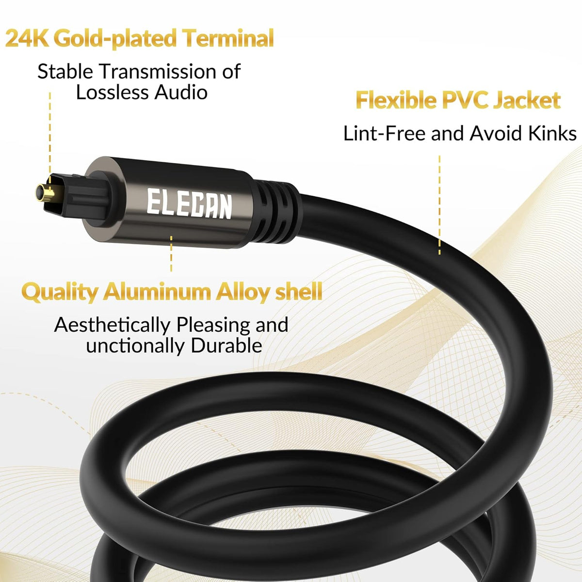 Elecan Optical Audio Cable 12 Ft/2 Pack Digital Audio Toslink Cable Cord-Fiber Optic-Gold Plated-Flexiable&Durable-for Home Theater,Sound Bar,PS4& Xbox-with Right Angled+Mini Toslink Adapters+Ties