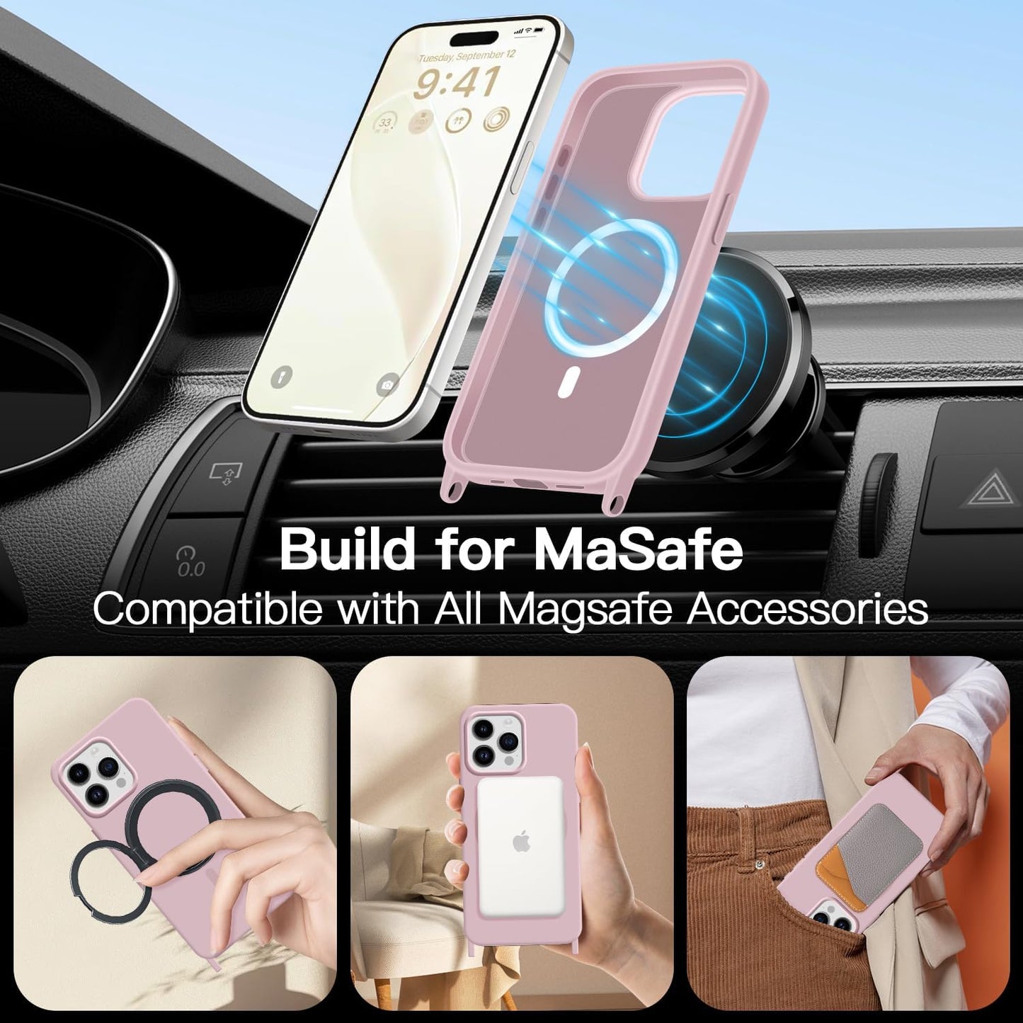 for iPhone 15 Case with Lanyard [Compatible with MagSafe], Crossbody Phone Case with Neck Strap Adjustable, Magnetic Phone Cover for iPhone 15 6.1'' Pink