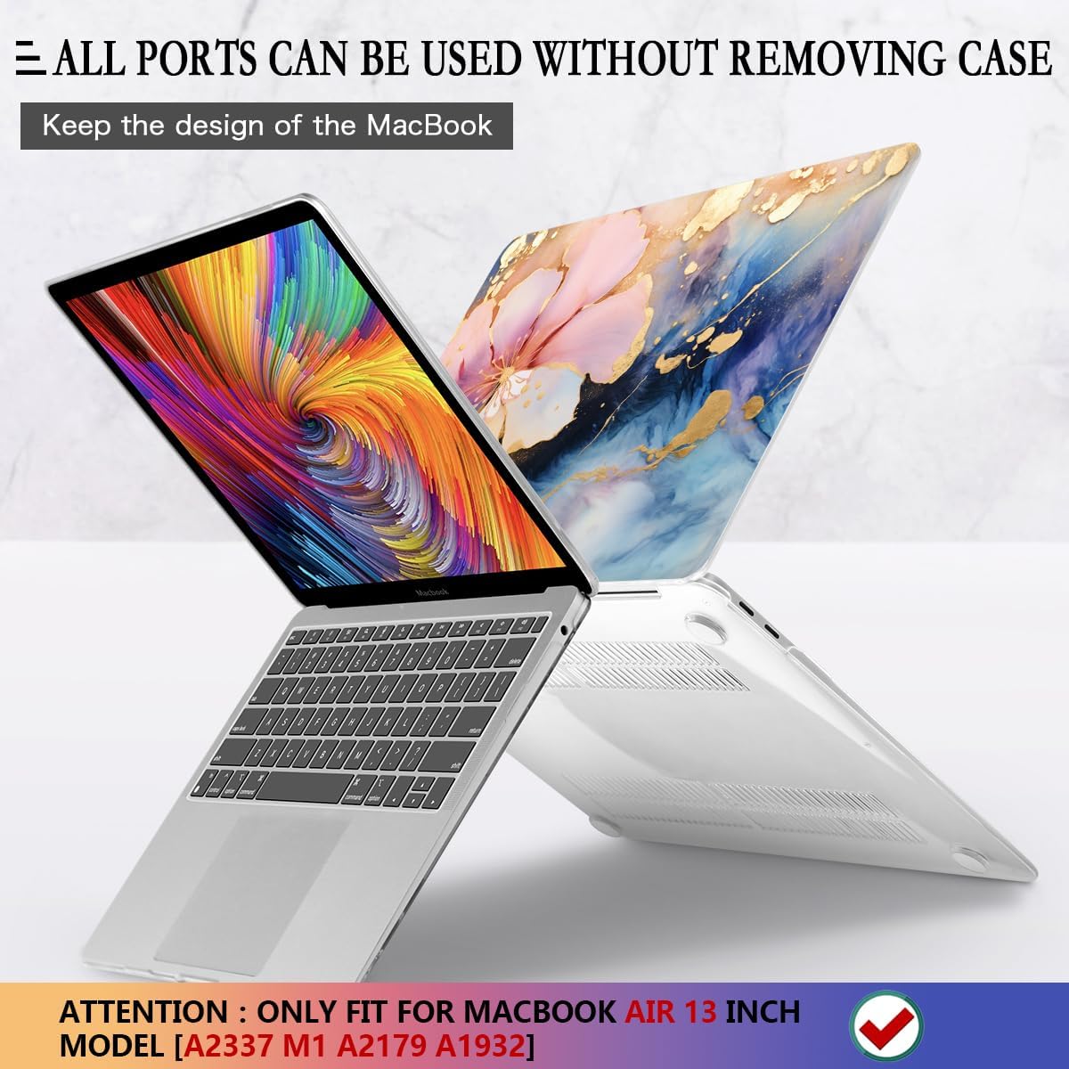 CISSOOK Compatible with MacBook Air 13 inch Case M1 A2337 A2179 A1932 2021 2020-2018, Plastic Hard Shell Case & Keyboard Cover & Screen Film for MacBook Air 13-inch with Touch ID, Marble Flower