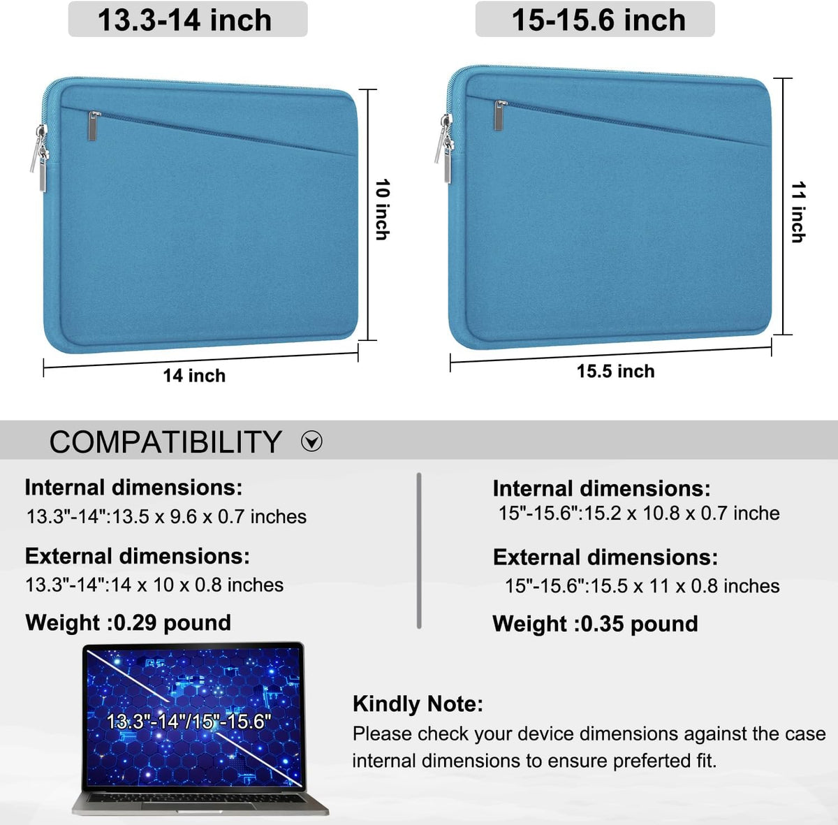 15.6 inch Laptop Sleeve, Slim Computer Carrying Bag Protective Cover Briefcase with Front Pocket, Durable Laptop Case for 15-16 Inch HP, Dell, Lenovo, Asus- Sky Blue
